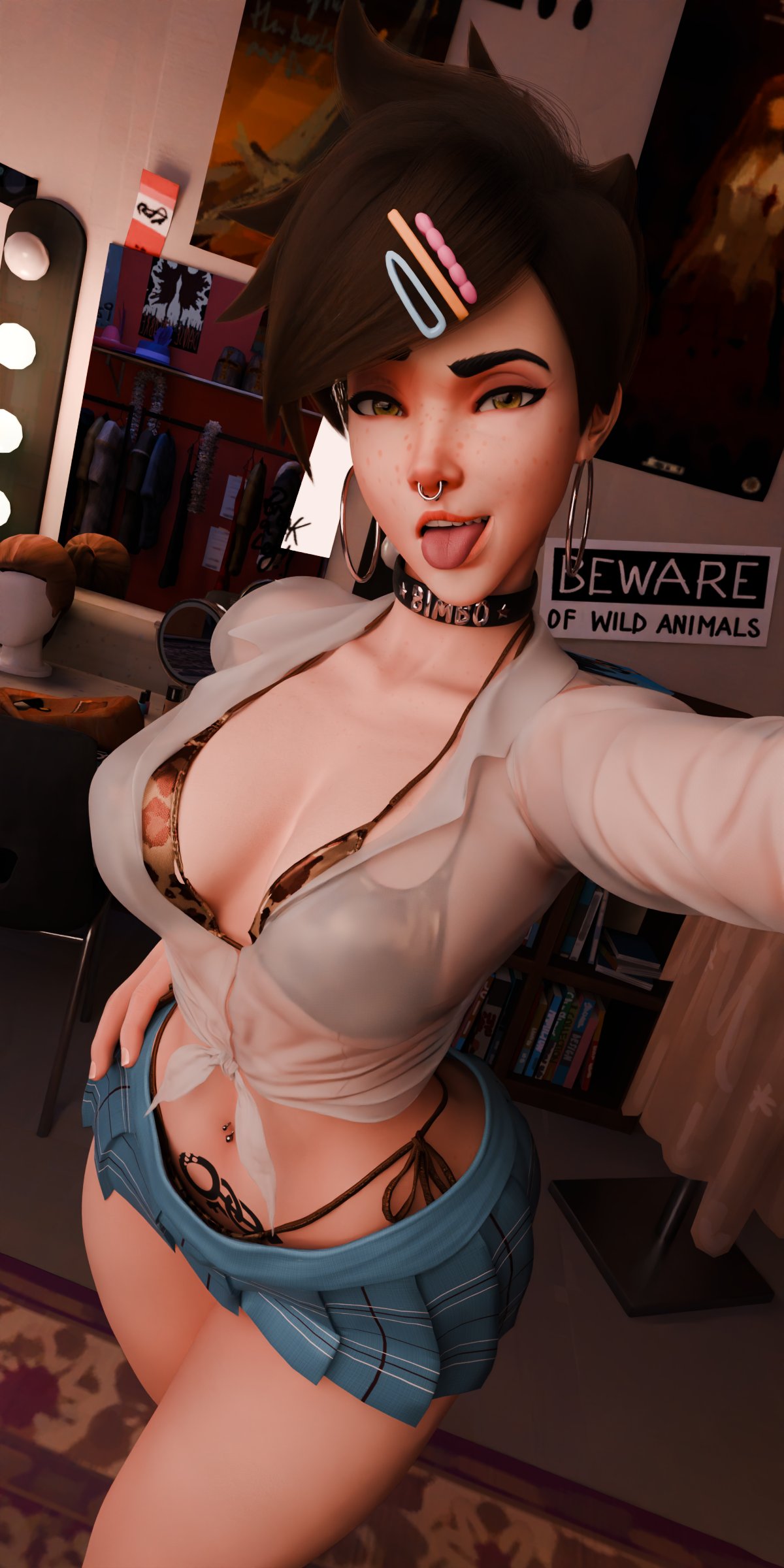 1girls, 3d, animal print, choker, female, female focus, female only, gyaru, lena oxton, lgd tattoo, light skin, light-skinned female, makeup, medium breasts, miniskirt, nishikt, overwatch, piercing, ring piercing, see-through, see-through clothing, selfie, short hair, skirt, tongue, tongue out, tracer, very short hair