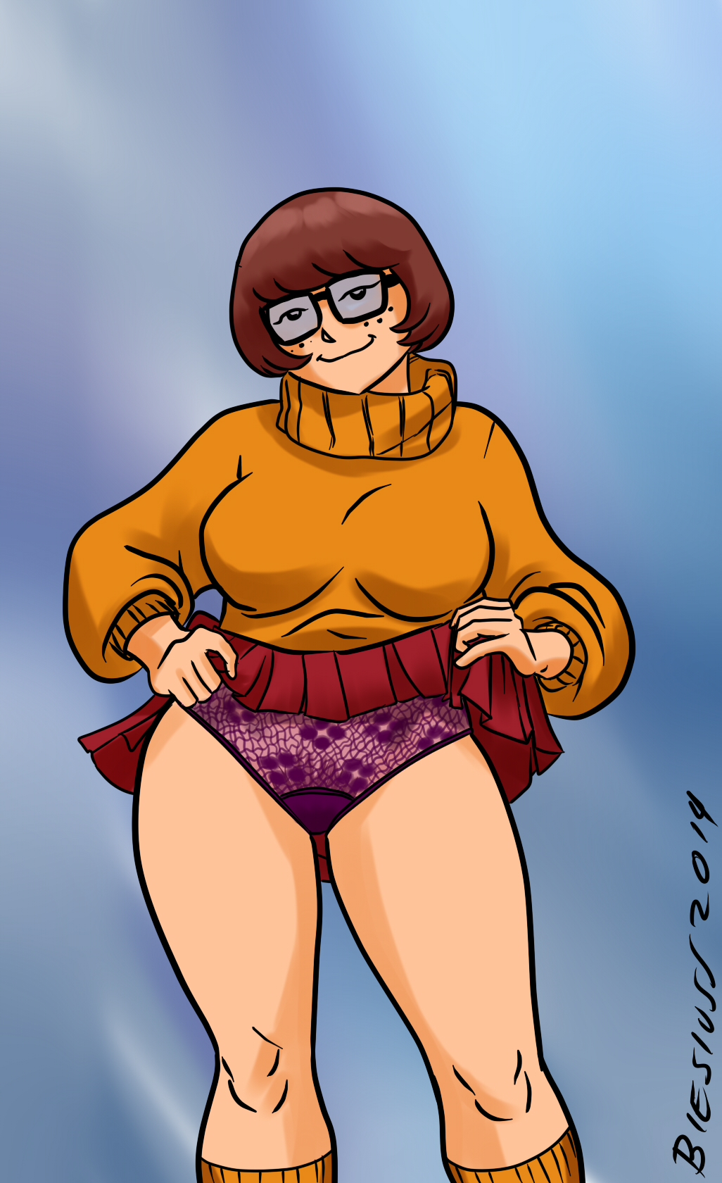 biesiuss brown_hair female glasses hanna-barbera panties purple_panties scooby-doo short_hair skirt_lift solo sweater velma_dinkley