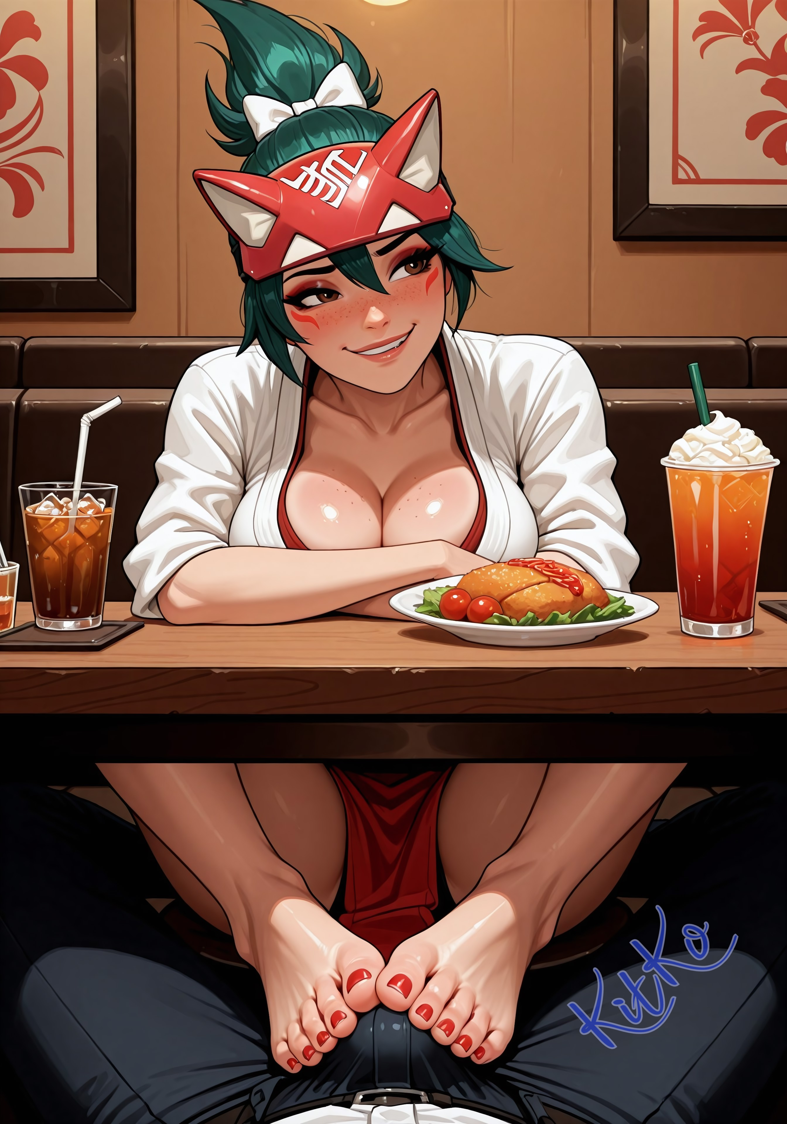 1boy, 1girls, ai generated, alternate breast size, asian female, averting eyes, bangs, barefoot, big breasts, blush, blushing female, brown eyes, bulge, cleavage, collar, crotch covered, drink, facial markings, food, footjob over clothes, footjob under table, freckles, freckles on face, green eyes, green hair, green hair female, hair between eyes, hairbow, headgear, high ponytail, indoors, japanese clothing, japanese female, kiriko (overwatch), kiriko kamori, kitko, male out of frame, male pov, overwatch, overwatch 2, painted toenails, pov, red toenails, restaurant, smirk, straight, teasing viewer, thighs, watermark, white hair bow, white skin, white skinned female