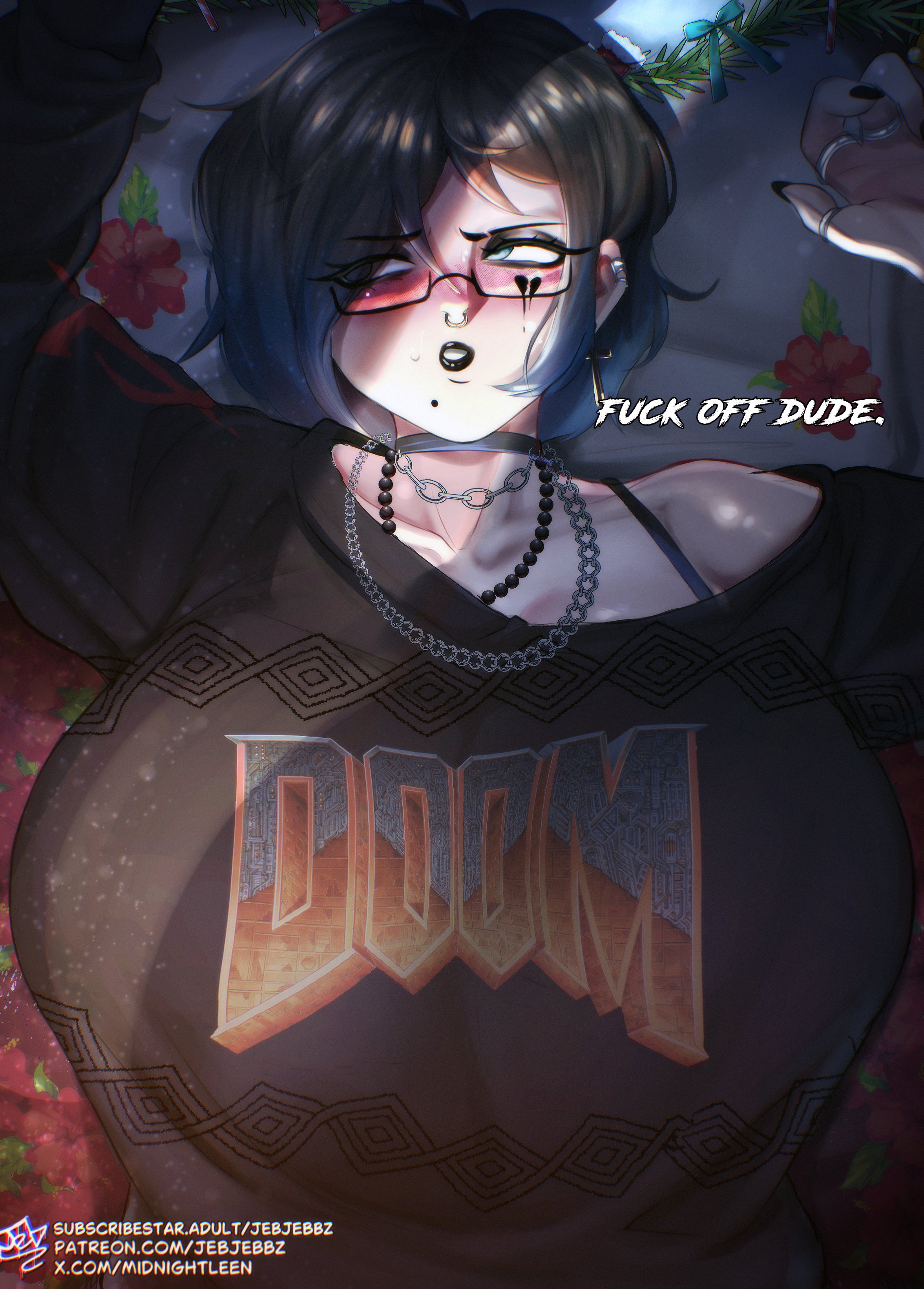 1girls, averting eyes, big titties, black hair, black lipstick, black nails, black sweater, blue eyes, blush, breasts, choker, christmas, christmas sweater, couple, cute face, doom, ear piercing, earrings, embarrassed, english text, eyebrow cut, female, glasses, goth, goth girl, hair over one eye, heart tattoo, huge breasts, jebjebbz, looking away, lying, lying on back, mayleen (jebjebbz), mole, mole under mouth, necklace, nose ring, original, pale skin, pale-skinned female, pov, profanity, ring, romantic, solo, sweater, talking to viewer, tattoo, tattoo under eye, variant set, wholesome