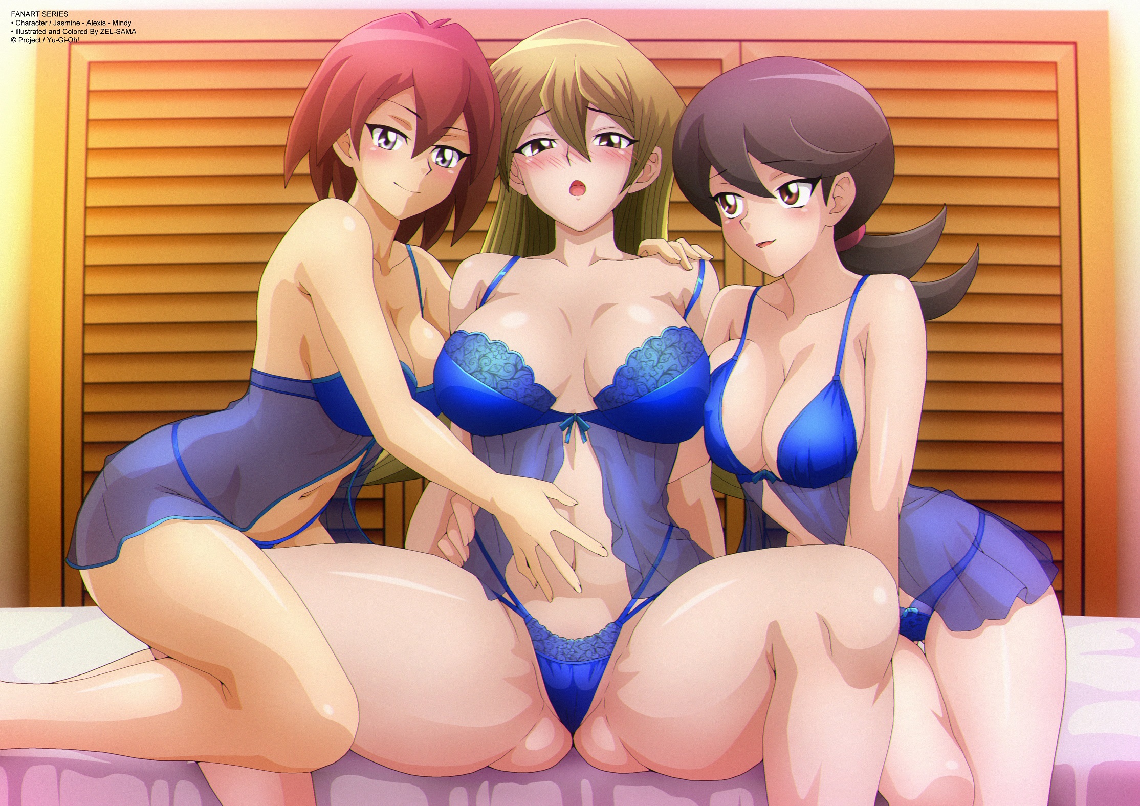 :o, 3girls, alexis rhodes, ass, babydoll, bed, bedroom, black eyes, black hair, blonde hair, blush, bra, breasts, brown eyes, brown hair, closed mouth, female, female only, fringe, grabbing, hand on stomach, hi res, horny, horny female, huge breasts, hugging, indoors, jasmine (yu-gi-oh!), junko makurada, light skin, looking at another, looking at viewer, low-angle view, mindy (yu-gi-oh!), momoe hamaguchi, navel, open legs, open mouth, ponytail, seductive smile, short hair, side view, solo female, spread legs, teenager, tenjouin asuka, thick legs, thighs, touching, touching stomach, underwear, yu-gi-oh!, yu-gi-oh! gx, zel-sama, zelart9