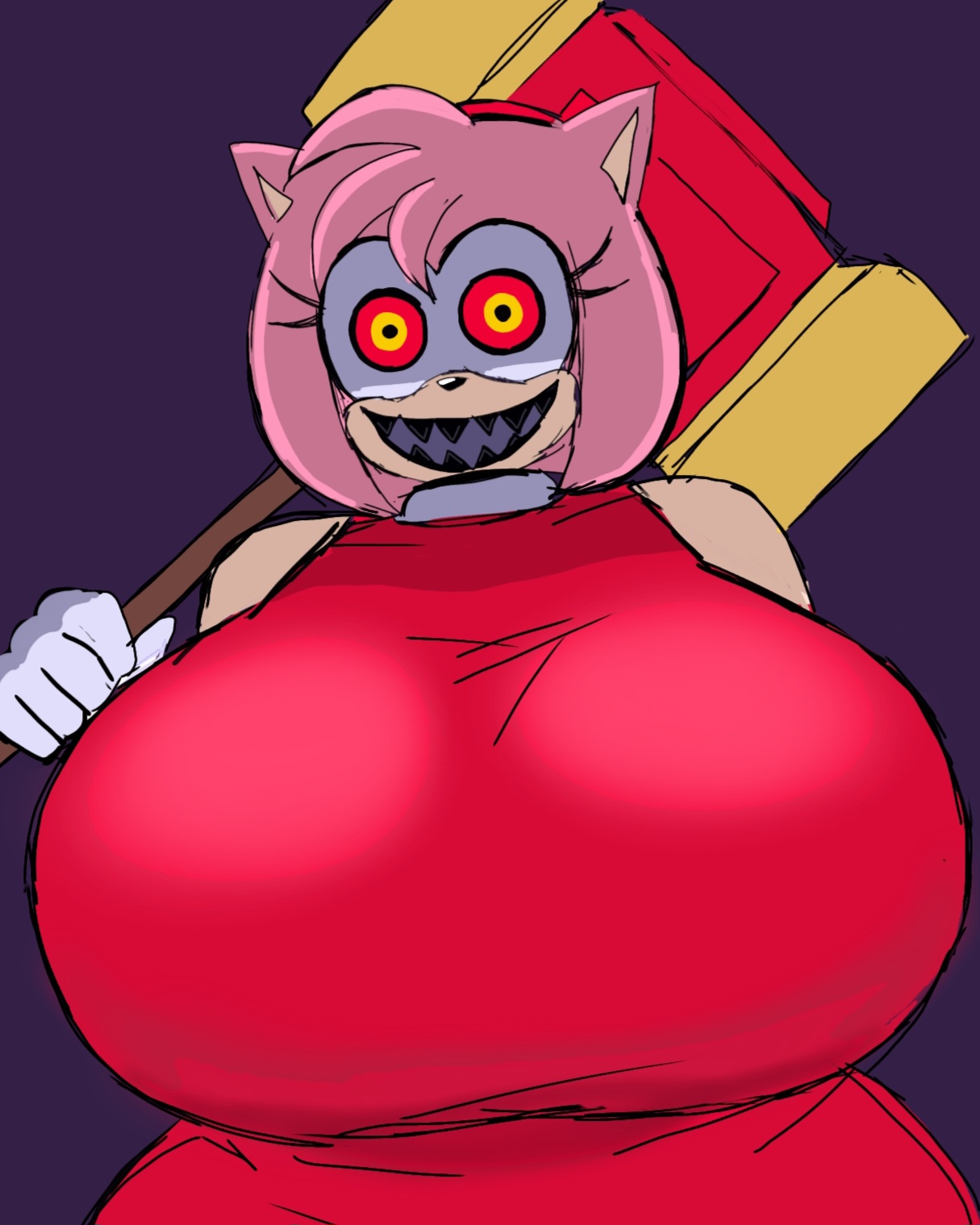 1female, 1girls, amy rose, big boobs, big breasts, big tits, boobs, boobs bigger than head, breasts, breasts bigger than head, canonical scene, creepy, creepy eyes, creepy face, creepy smile, female, female only, furry female, hammer, huge boobs, huge breasts, huge tits, momiji (artist), pink body, pink fur, pink hair, pink skin, pink skinned female, possessed amy rose, possession, purple background, scary face, sega, solo, solo female, sonic (series), sonic the hedgehog (series), sonic x, tagme, tits, tits bigger than head, voluptuous, voluptuous anthro, voluptuous female