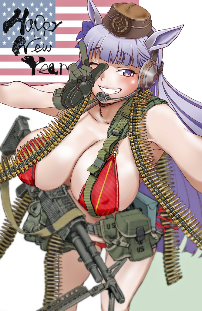 1girls, ammunition belt, artist request, bikini, gold ship (umamusume), machine gun, rifle, umamusume