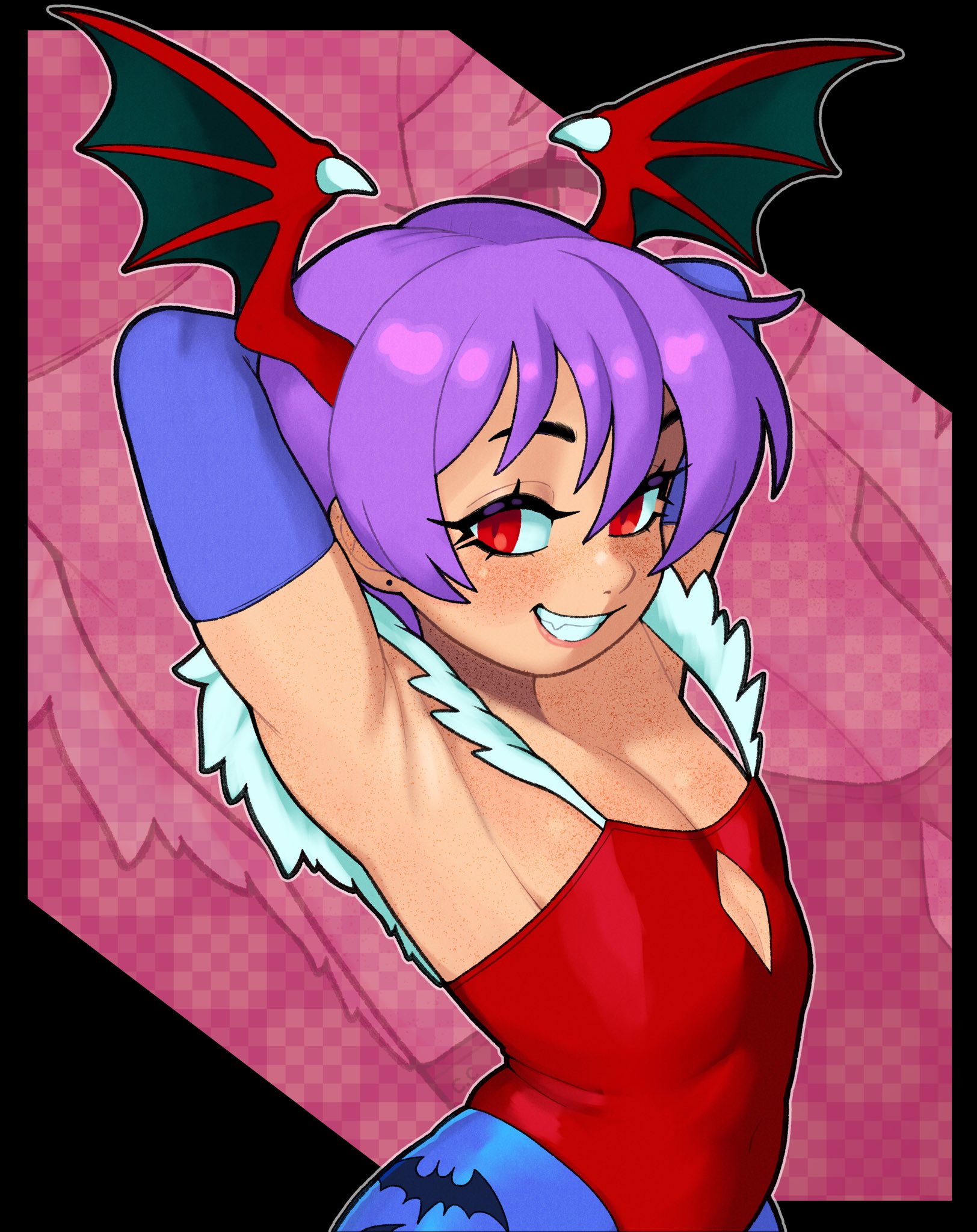 1girls, armpit, armpit crease, armpit fetish, armpits, arms up, champchidi, darkstalkers, female, flat chest, head wings, leotard, lilith aensland, smile, smiling, smiling at viewer, succubus, true flat chest