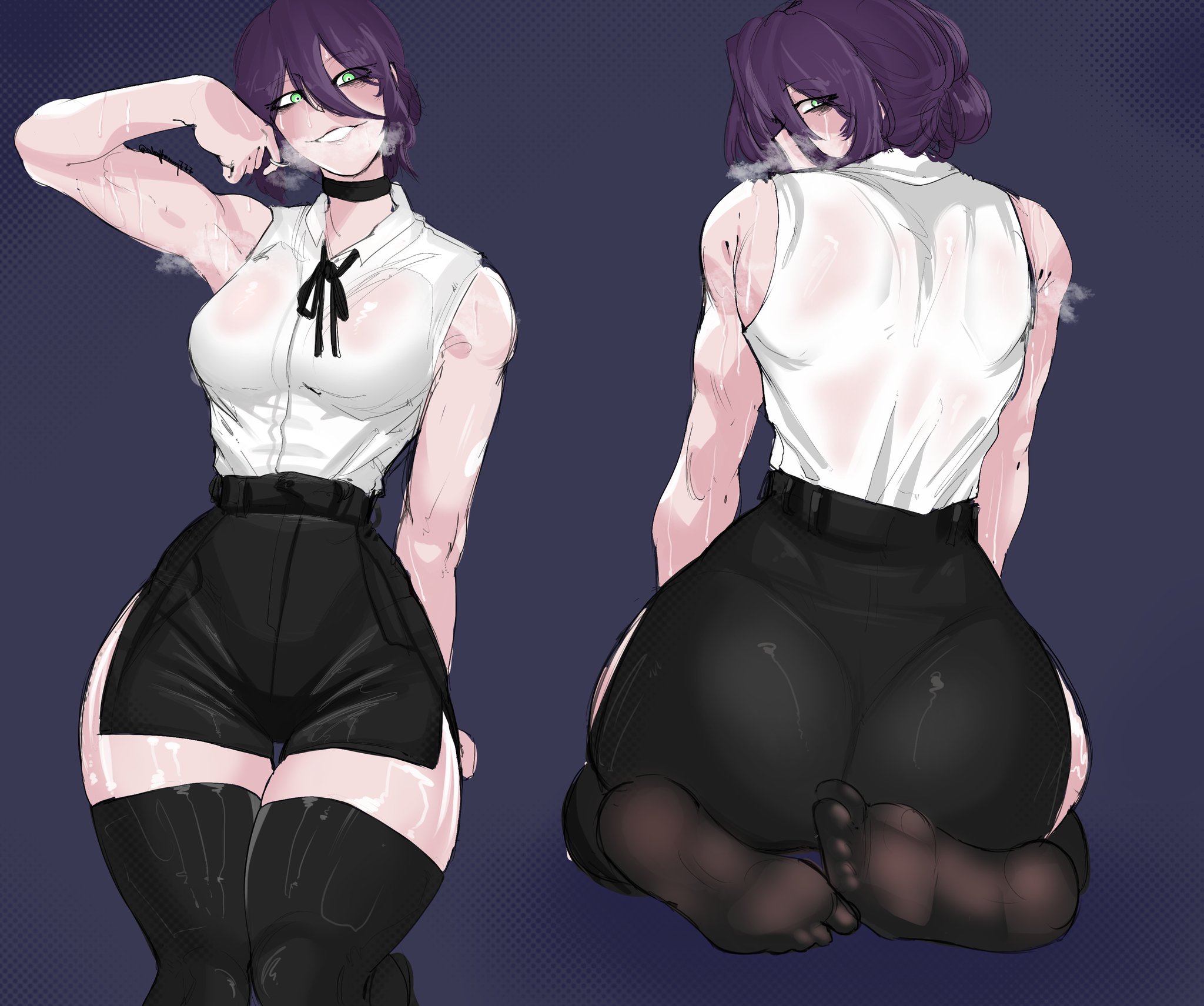 1girl, alqkemy777, armpits, ass, bare shoulders, big ass, black choker, black legwear, black shorts, breasts, chainsaw man, choker, collared shirt, feet, female, female only, green eyes, hair between eyes, hair bun, large breasts, looking at viewer, looking back, medium hair, multiple views, purple background, purple hair, reze (chainsaw man), see-through, shirt, shirt tucked in, simple background, sitting, sleeveless, sweat, tagme, thighhighs, thighs, underwear, white shirt