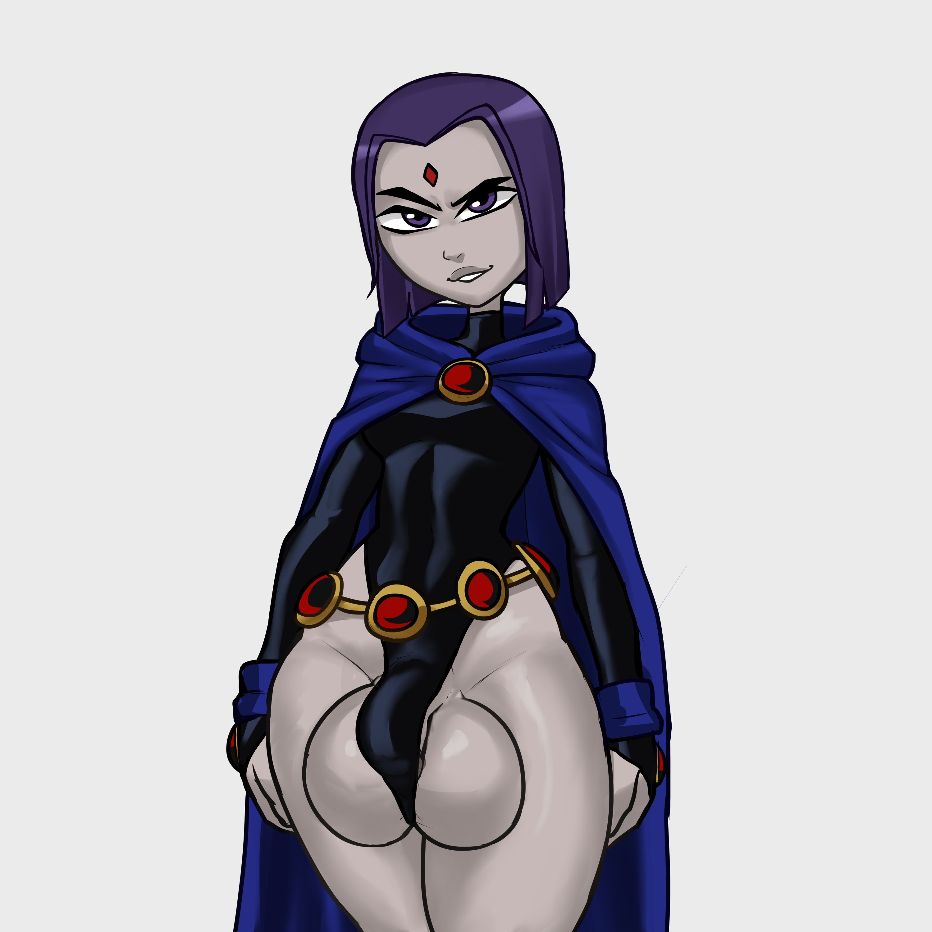 1futa, balls, balls focus, ballsack, big balls, bodysuit, casual, cloak, clothed, clothed futa, clothing, dc, dc comics, front view, futanari, gem on forehead, grey skin, hexecat, huge balls, human, intersex, large balls, leotard, massive balls, outerwear, oversized balls, pale skin, penis, purple eyes, purple hair, raven (dc), solo, solo futa, teen titans, testicles, white background