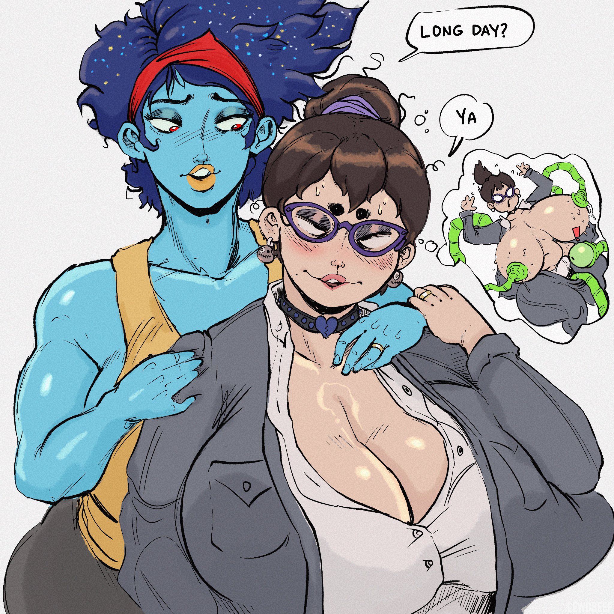 blue hair, blue skin, blue-haired female, brown hair, chubby, chubby female, chubby futa, cleavage, couple, couple (romantic), cropped legs, futa with female, futanari, glasses, huge breasts, imagining, indanya (lewdbeef), lewdbeef, looking at another, milking machine, original, ponytail, short hair, smile, standing, tentacle, wedding ring, xyxxia (lewdbeef)