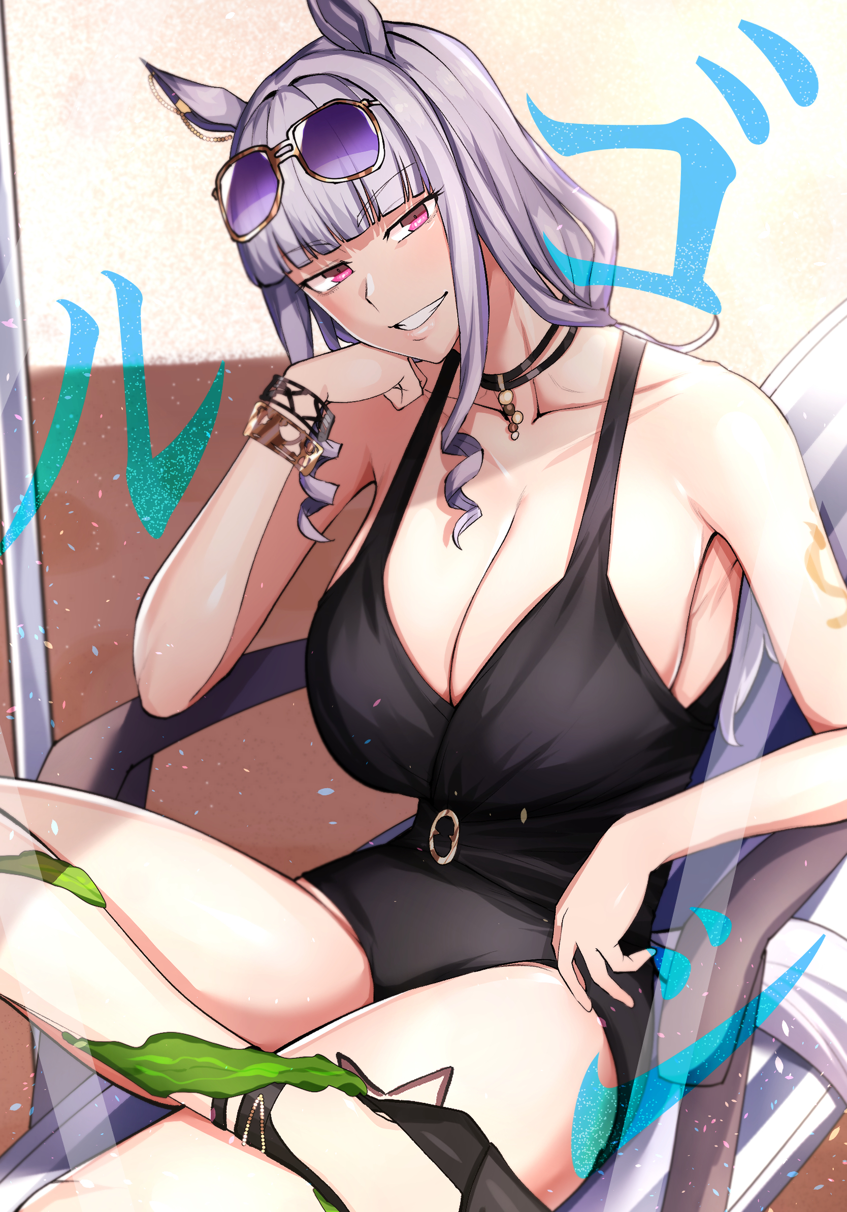 1girls, animal ears, arm support, bangle, beach, beach chair, belt, black one-piece swimsuit, black sandals, blunt bangs, blush, bracelet, breasts, casual one-piece swimsuit, cleavage, closed mouth, commentary request, crossed legs, dated, eyewear on head, female, female only, foot out of frame, gold ship (run revolt launcher) (umamusume), gold ship (umamusume), grin, hand in own hair, highleg, highleg one-piece swimsuit, highres, horse ears, jewelry, large breasts, long hair, looking at viewer, megao 3rd, necklace, ocean, official alternate costume, official alternate hairstyle, one-piece swimsuit, outdoors, purple eyes, purple-tinted eyewear, sandals, seaweed, signature, sitting, smile, solo, sunglasses, swimsuit, tinted eyewear, umamusume, white hair, yellow belt
