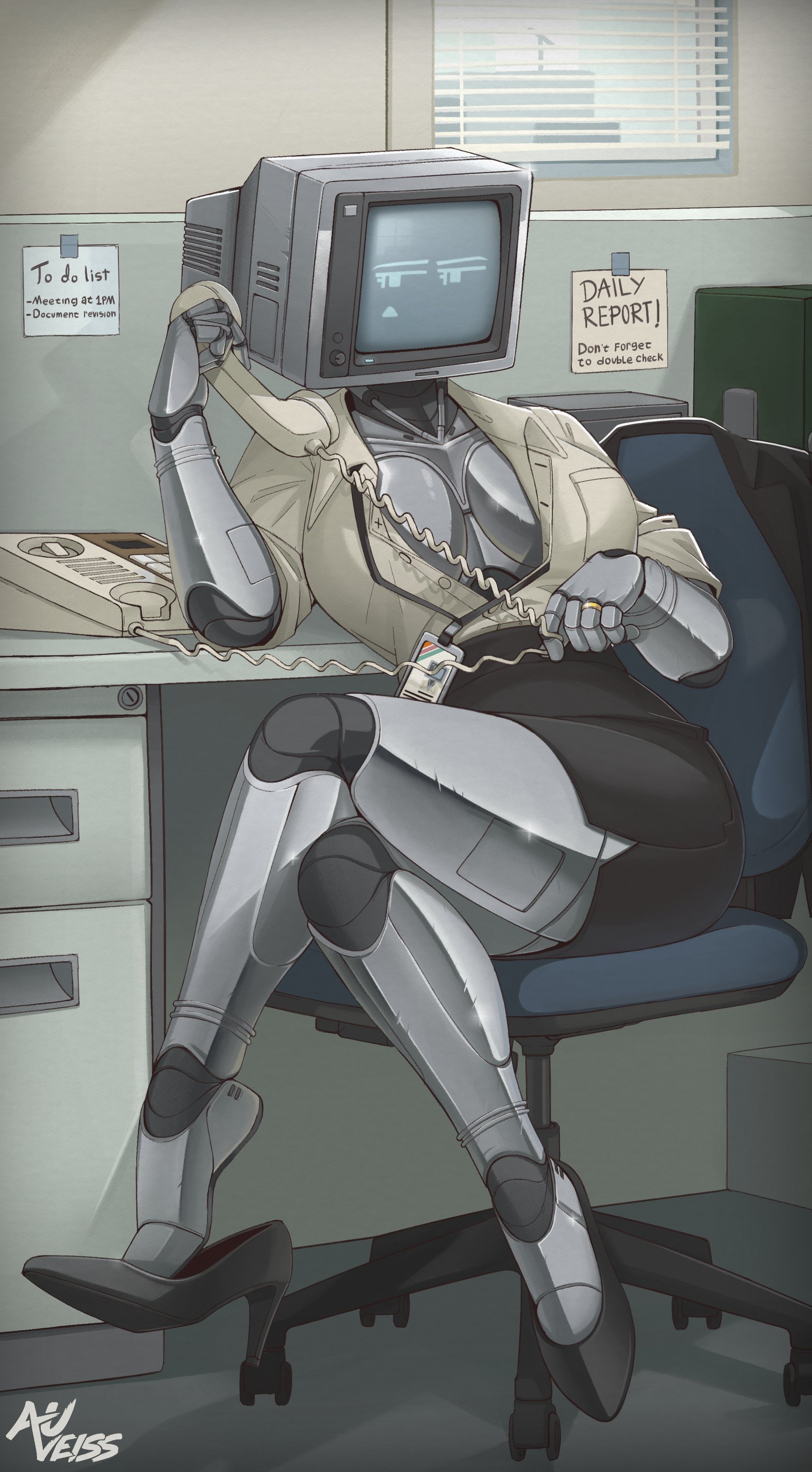 1girls, annoyed expression, auveiss, breasts, cleavage, computer, computer head, computer monitor, female, female focus, female only, high heels, metallic body, mob face, monitor head, oc, office, office clothing, office lady, on phone, open shirt, original character, phone, robot, robot girl, screen face, sideboob, sitting, skirt, solo, solo female, solo focus, thick thighs, wedding ring