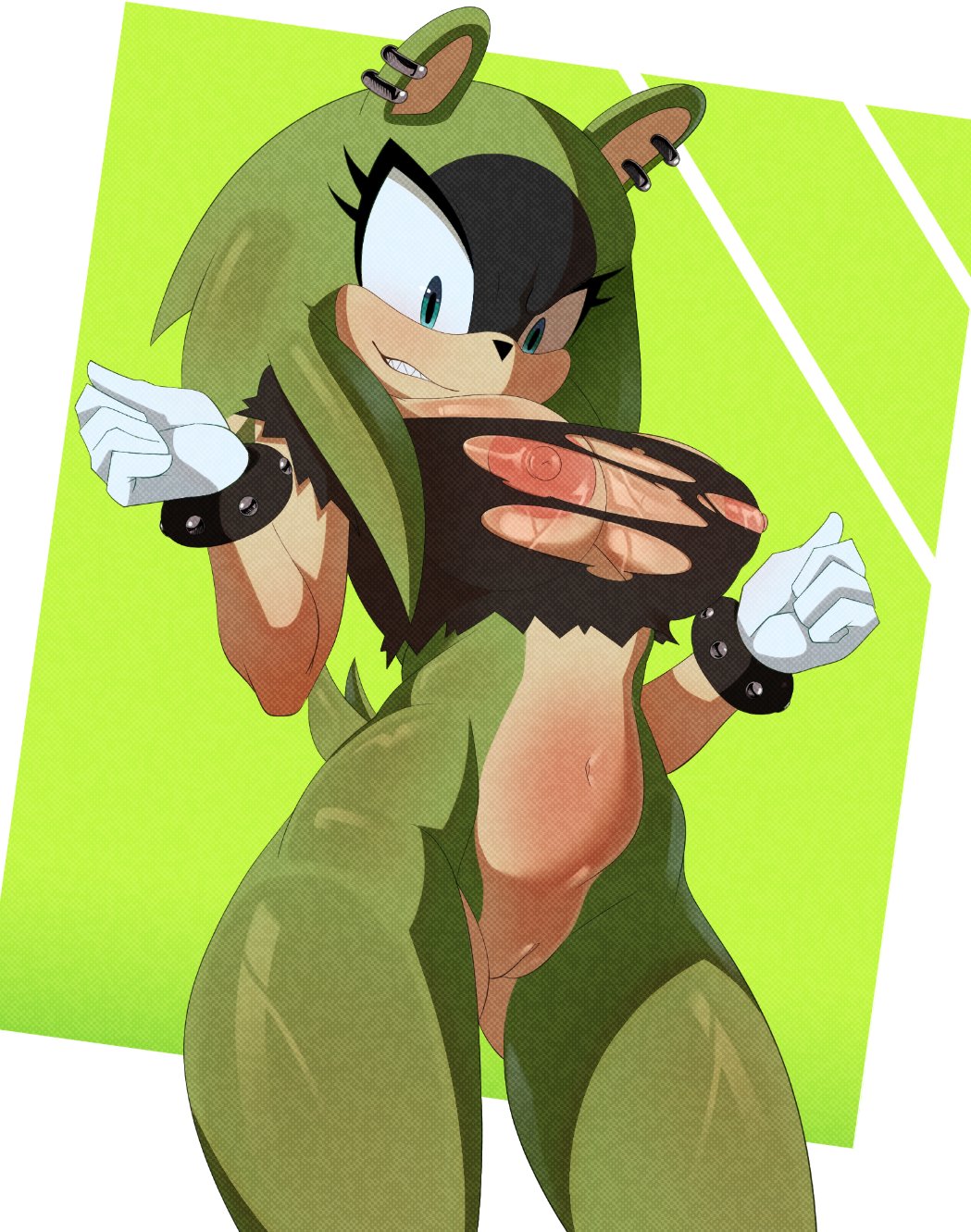 2025, 5 fingers, abstract background, afrosoricid, anthro, areola, big ass, big breasts, bottomless, bracelet, breasts, clothed, clothing, ear piercing, ear ring, exposed breasts, eyelashes, female, fingers, genitals, gloves, god1annie, green hair, hair, handwear, hi res, idw publishing, innie vulva, jewelry, long hair, mammal, navel, nipple dip, nipples, piercing, ring piercing, sega, sharp teeth, shirt, smile, solo, sonic (series), sonic the hedgehog (comics), sonic the hedgehog (idw), sonic the hedgehog (series), studded bracelet, studded jewelry, studs, surge the tenrec, tank top, teeth, tenrec, topwear, torn clothing, vulva
