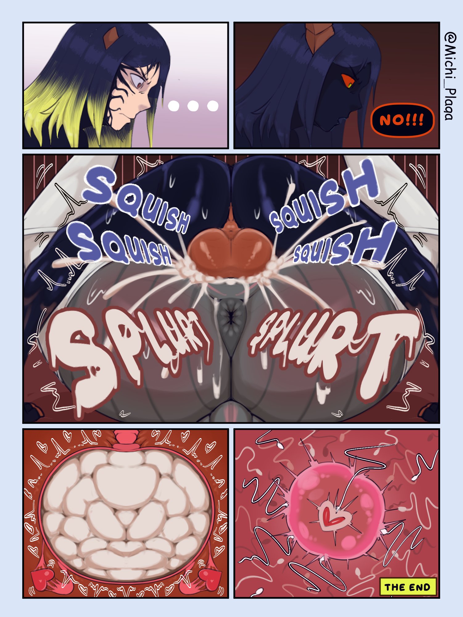 1boy, 1girls, anthro, anthro on human, anus, arceus, ass, balls, big ass, big balls, blue body, blue hair, comic, corruption, cum, cum in pussy, cum in uterus, cum inside, cum overflow, dark blue body, dark blue hair, deep penetration, dialogue, english text, female, femsub, full uterus, generation 4 pokemon, green eyes, hi res, horns, human on anthro, impregnation, large ass, legendary pokemon, male, maledom, mating press, michi plaga, nintendo, penetration, pokemon, pokemon (species), pokephilia, red sclera, sex, speech bubble, thick ass, vaginal penetration