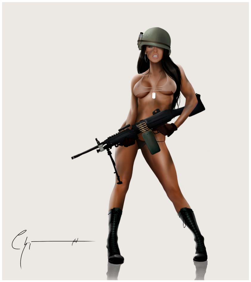 army_girl belly black_boots brown_bra brown_gloves brown_panties chipman1911 collarbone female_soldier green_eyes helmet holding_gun leaning_forward light_machine_gun looking_at_viewer machine_gun nipples_visible_through_bra standing