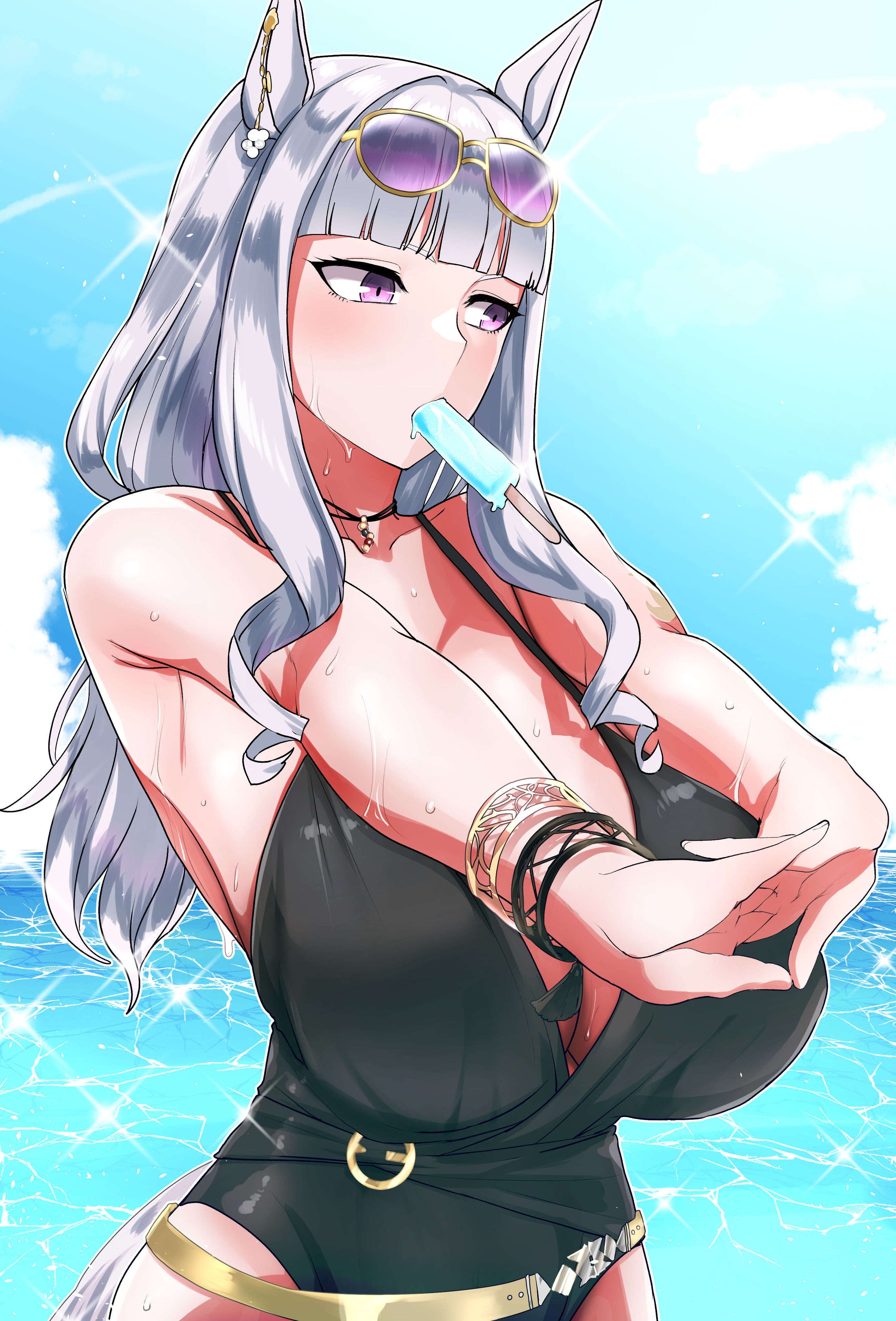 1girls, absurdres, animal ears, bad id, bad pixiv id, belt, black one-piece swimsuit, blue sky, blunt bangs, bracelet, breasts, cleavage, cloud, day, eyewear on head, female, female only, food, food in mouth, gold ship (run revolt launcher) (umamusume), gold ship (umamusume), grey hair, highres, horse ears, horse girl, horse tail, jewelry, large breasts, long hair, megao 3rd, necklace, ocean, one-piece swimsuit, popsicle, sky, solo, sunglasses, swimsuit, tail, umamusume, wet