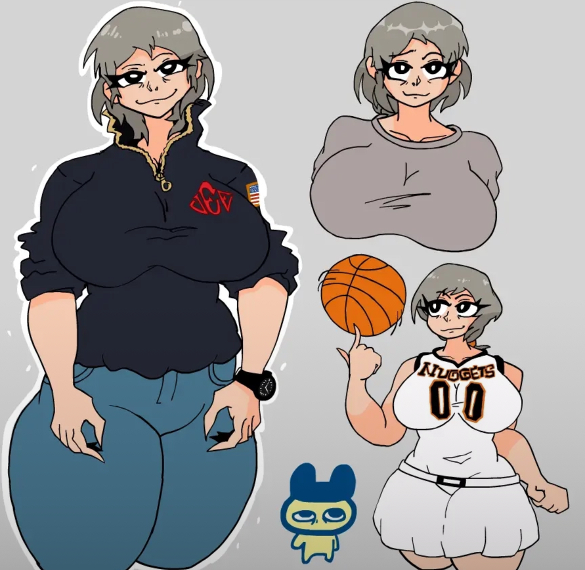 1girls, american flag, basketball, basketball (ball), big breasts, big thighs, blue pants, breasts, brown eyes, criminal, evil, evil smile, eyelashes, female, female focus, female only, flag, genderswap, genderswap (mtf), gilf, gray hair, grey hair, grey shirt, jeffrey epstein, large breasts, meme, meme attire, meme reference, milf, pants, real person, rule 63, simple background, smile, smiling, smiling at viewer, source request, tagme, thewboy, voluptuous, voluptuous female, watch, wboybuckwheat (artist), white background, wristwatch, wristwear, wtf