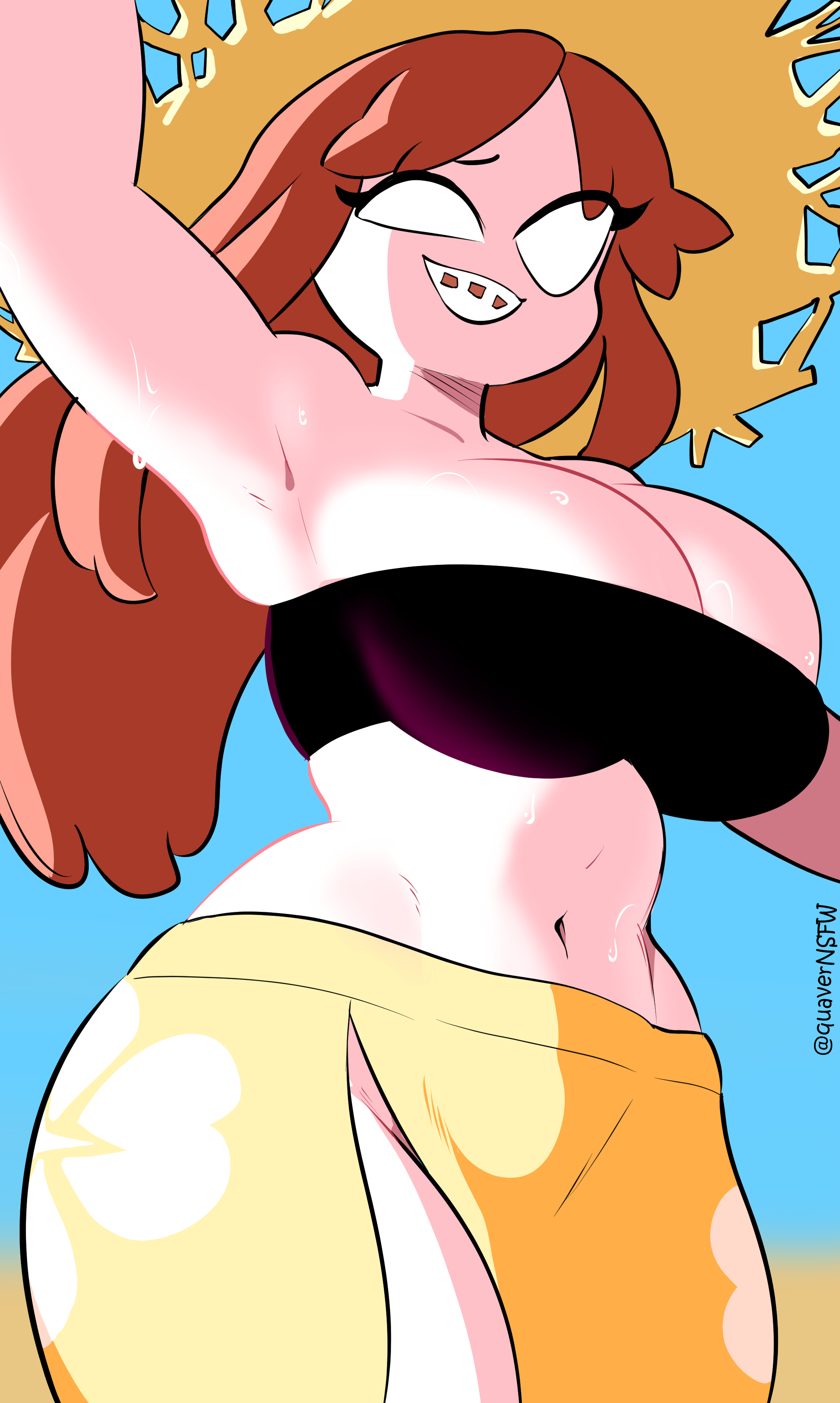 beach, beach wear, beachwear, below, below subject, below view, black top, black topwear, blue background, blue sky, blurred background, braces, breedable hips, brown hair, child bearing hips, cleavage, clothes, coco (quavernsfw), exposed midriff, exposed thigh, female, female focus, female only, flirtatious, flirting, flirty, flirty expression, flirty eyes, grin, grinning, grinning at viewer, huge ass, huge ass (female), huge breasts, huge thighs, huge tiddies, large ass, large thighs, mommy, mommy milkers, original, pov, quavernsfw, sand, sexy, sexy body, sexy female, skirt, small top, sun hat, sweat, sweating, tall female, thicc, thicc ass, thicc breasts, thicc thighs, thick, thick ass, thick butt, thick legs, thick thighs, tits, tits bigger than head, upperboob, viewed from below, watermark, white skin, yellow bottomwear, yellow skirt