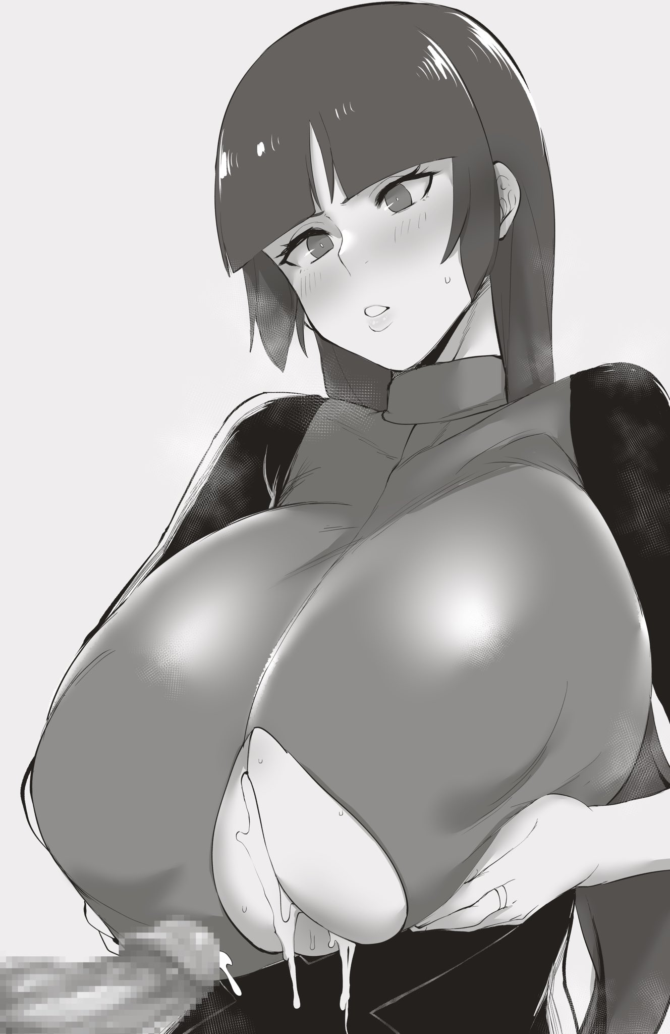 1girls, after paizuri, blunt bangs, blush, breast lift, breasts, breath, bright pupils, censored, clothing cutout, covered collarbone, covered erect nipples, cum, cum on body, cum on breasts, cum on upper body, cumdrip, erection, eyelashes, female, grabbing another's breast, grabbing own breast, grey background, greyscale, groping, gym leader, highres, huge breasts, jewelry, lips, long hair, looking at penis, megao 3rd, monochrome, mosaic censoring, nintendo, parted lips, penis, pokemon, pokemon lgpe, ring, sabrina (pokemon), shiny clothes, simple background, solo focus, sweat, three-quarter sleeves, turtleneck, underboob cutout