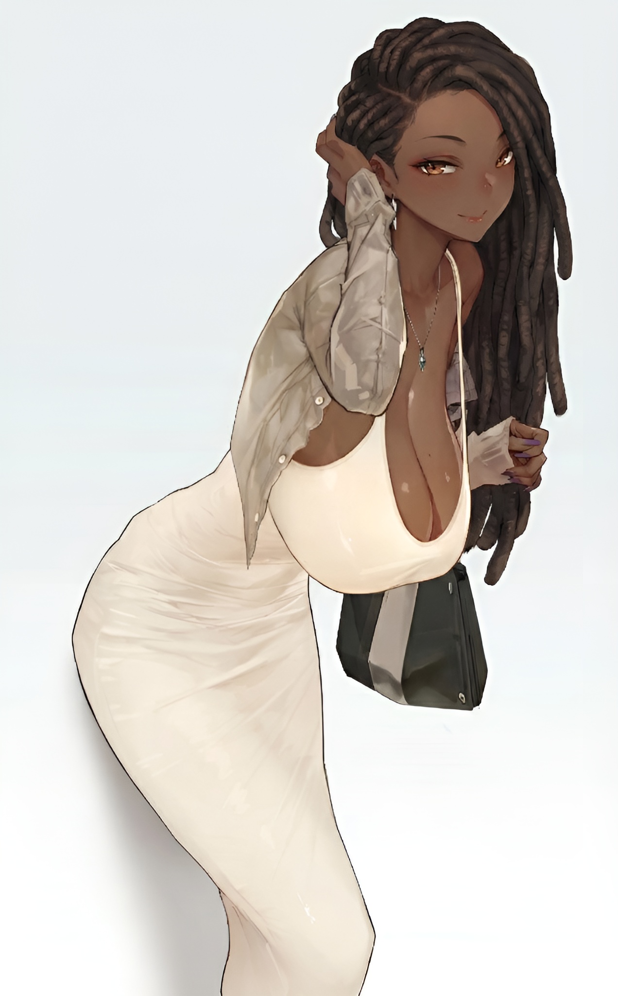 1girls, african female, ai generated, big breasts, black female, brown eyes, brown hair, cleavage, dark skin, dark-skinned female, dreadlocks, dress, female, female only, huge breasts, long hair, looking at viewer, mole, mole on breast, original, original character, solo, solo female, white dress