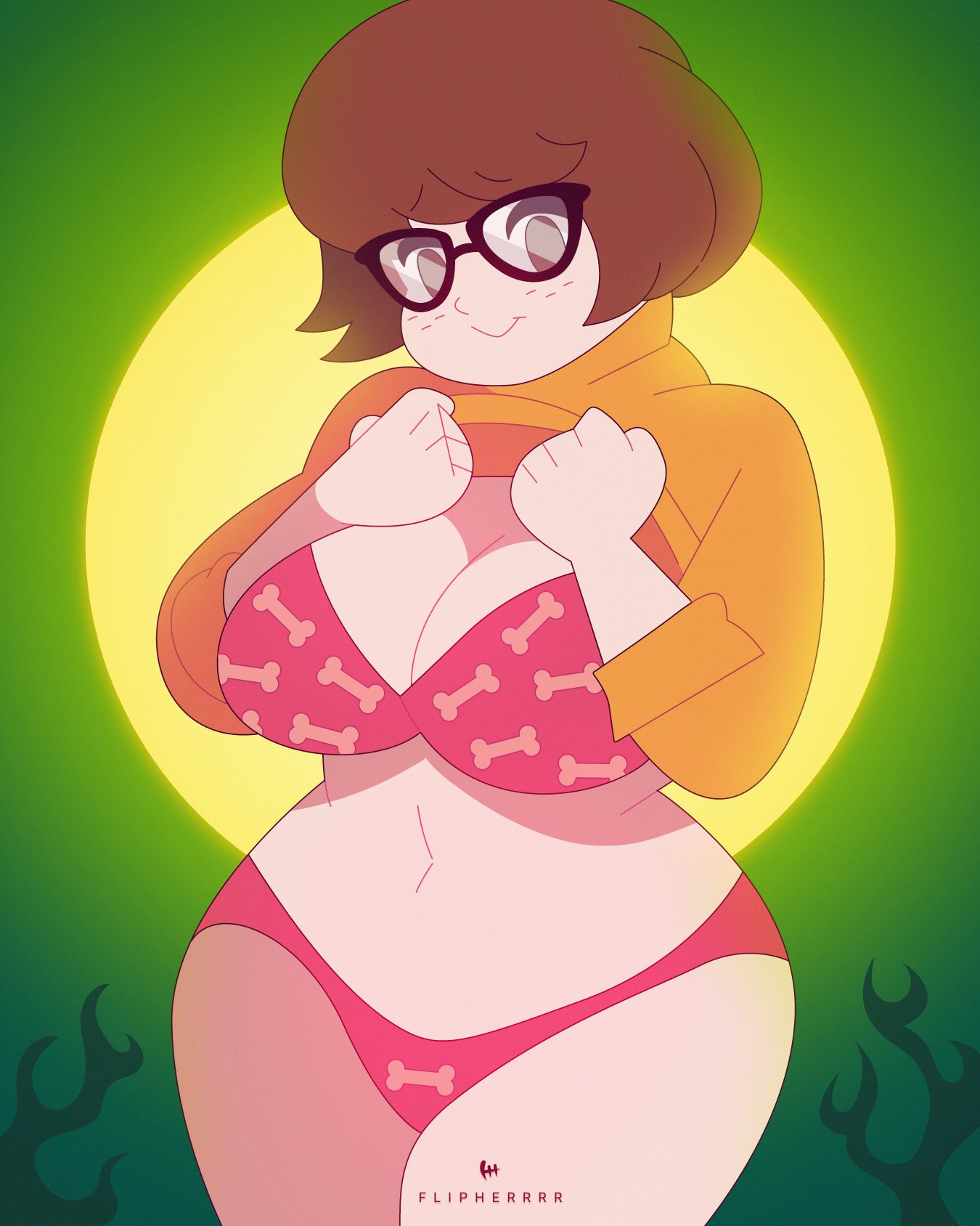 1girl, 1girls, artist name, big breasts, bikini, bob cut, bone bikini, breasts, brown hair, clothed, clothed female, clothes lift, clothing, dog bone bikini, eyeglasses, eyewear, female, female only, female solo, flipherrrr, fliphrrr, freckles, freckles on face, glasses, hartman hips, hips, human, human only, looking at viewer, outdoors, red bikini, scooby-doo, smile, solo, solo female, solo focus, sweater lift, tagme, thick, thick hips, thick thighs, turtleneck, turtleneck lift, turtleneck sweater, turtleneck sweater lift, velma dinkley, wide hips