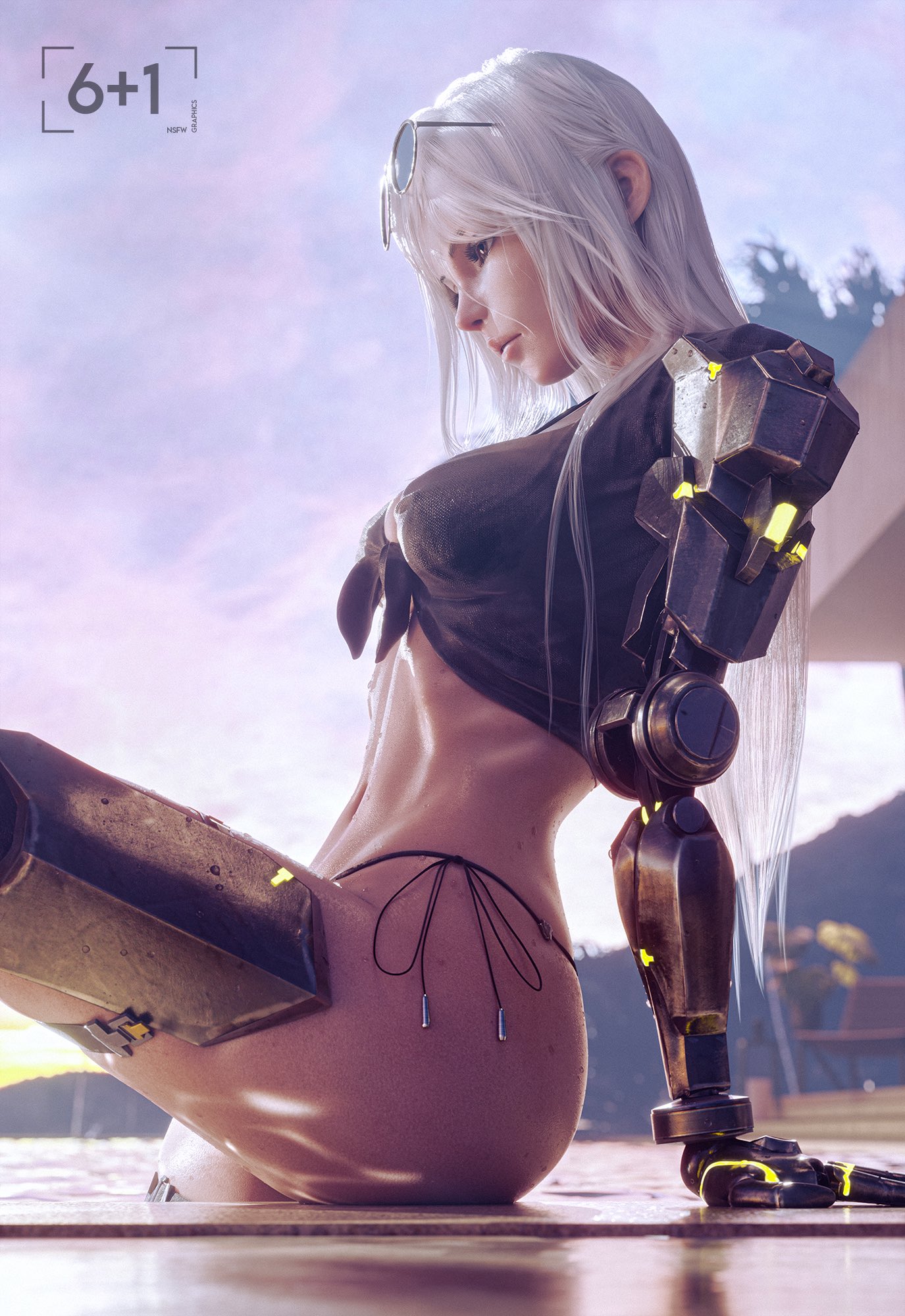1girls, 2026, 3d, ass, bikini bottom, breasts, brown eyes, caustics, eyewear on head, female, female only, fit, fit female, gayle (nier), leg in water, long eyelashes, long hair, medium breasts, navel, nier (series), nier reincarnation, outdoors, pink lips, pool, poolside, prosthetic arm, prosthetic leg, prosthetic limb, prosthetics, side-tie bikini, sitting, sitting on poolside, sixplusone, skimpy, skimpy clothes, sky, solo, sunglasses, tied shirt, tinted glasses, visible ribcage, visible ribs, white hair