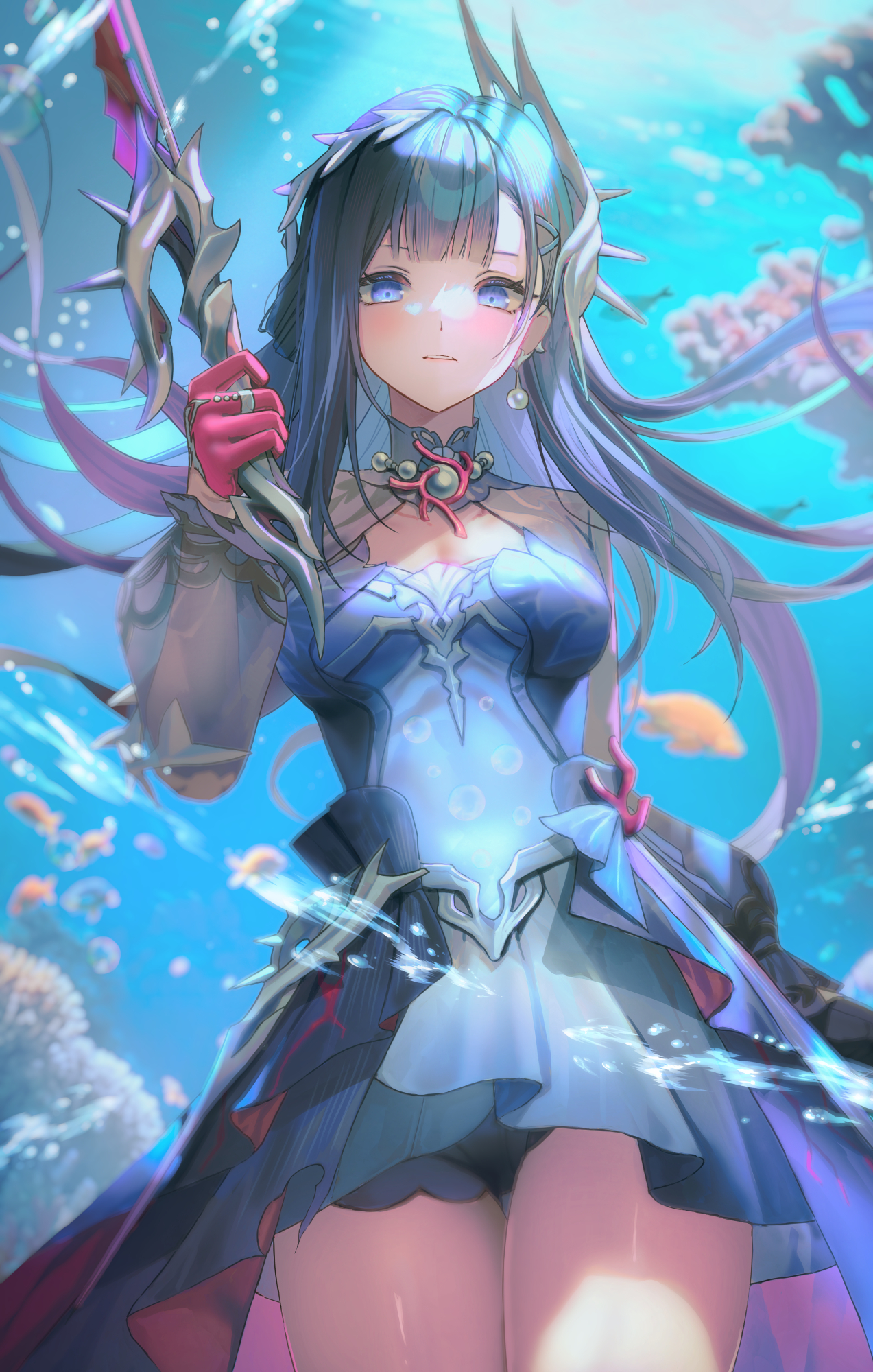 1girls, aengdohwa, black hair, black panties, black underwear, blue eyes, female, female only, honkai (series), honkai: star rail, hoyoverse, hysilens (honkai: star rail), long hair, mihoyo, panties, solo, underwater, underwear, upskirt