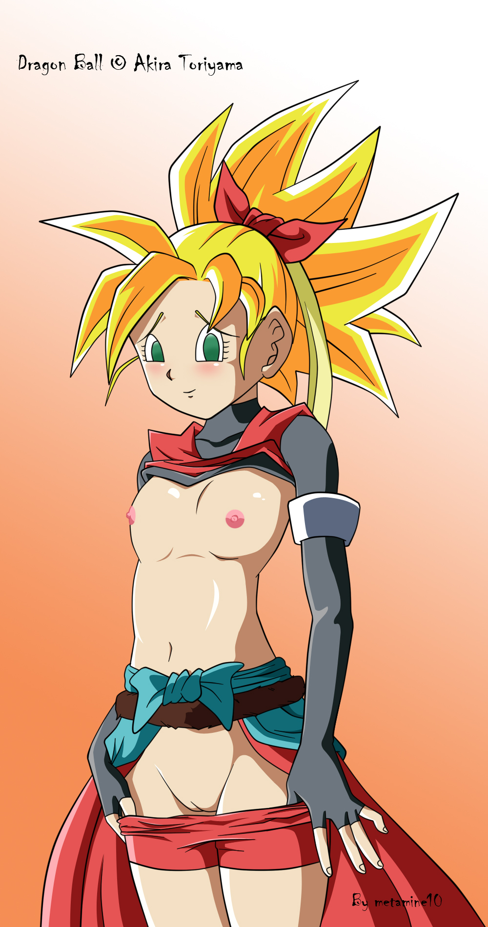 belly blush breasts closed_mouth clothed clothing dragon_ball dragon_ball_heroes erect_nipples female gloves gold_hair green_eyes hair_ribbon metamine10 navel nipples note_(dragon_ball) ribbon saiyan shirt shorts small_breasts smile solo spiked_hair super_saiyan tail teenager