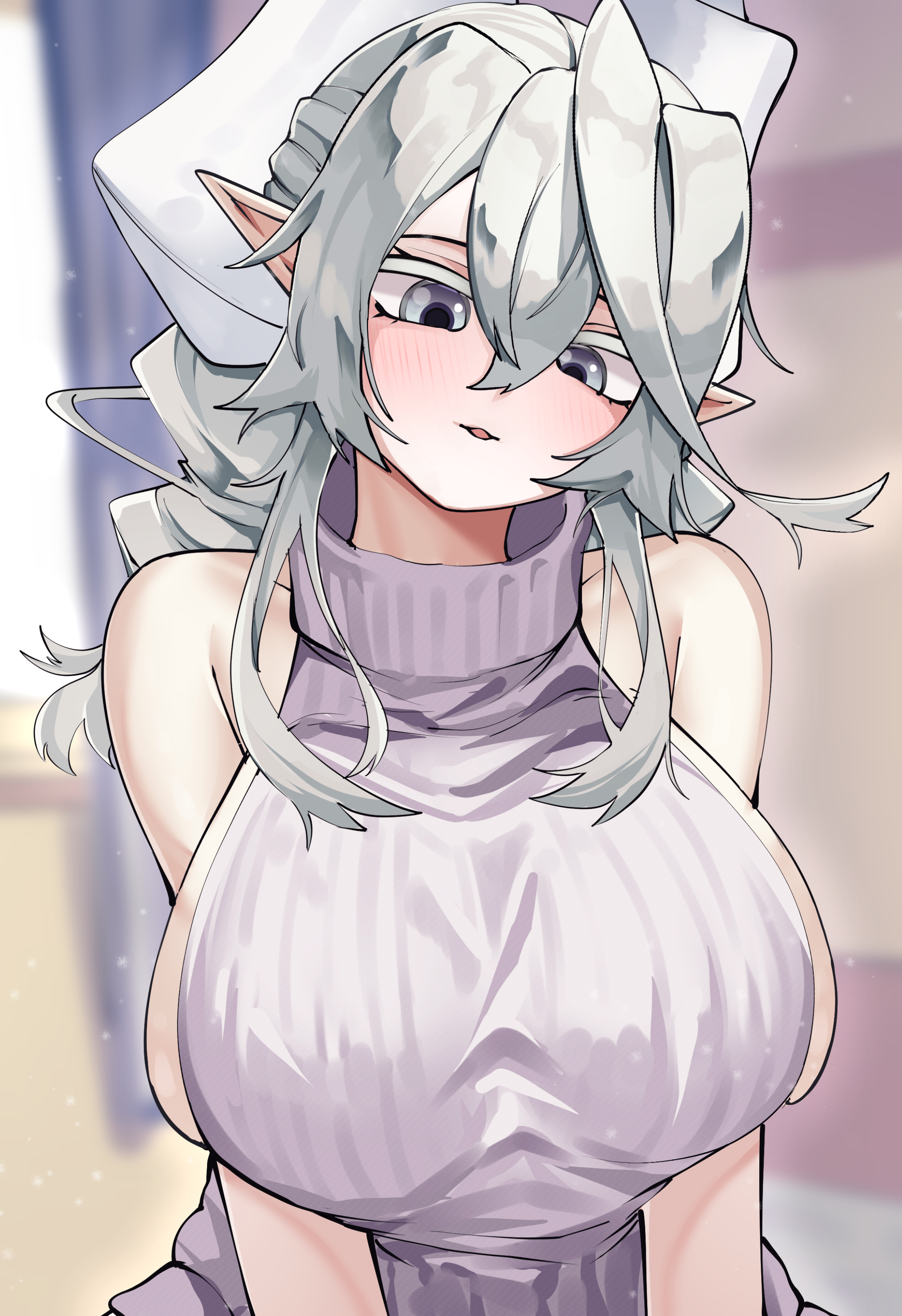 1girls, absurdres, actancyaga, alternate costume, bare shoulders, bedroom, blurry, blush, breasts, commentary request, cotan (actancyaga), curvy, cute, demon girl, demon horns, drill hair, duel monster, female, female only, fringe, highres, horns, huge breasts, indoors, konami, labrynth of the silver castle, light skin, looking at breasts, looking at self, looking down, lovely labrynth of the silver castle, no bra, open mouth, pointy ears, princess, queen, safe, safe for work, sideboob, silver eyes, solo, sweater, twin drills, twintails, upper body, white hair, white sweater, yu-gi-oh!