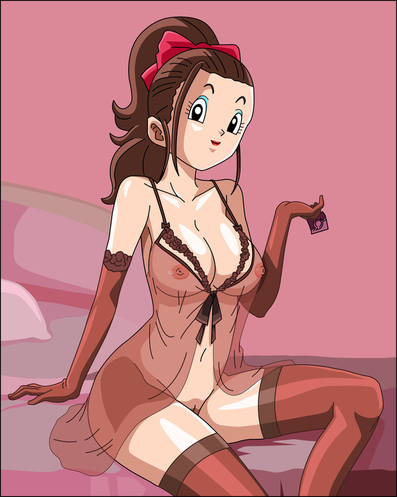 1girls armwear black_eyes breasts brown_hair closed_mouth clothed clothing cocoa_amaguri condom dragon_ball dragon_ball_super erect_nipples female female_only hair_ribbon human luigizion makeup nipples pussy ribbon smile solo thighhighs tied_hair vagina