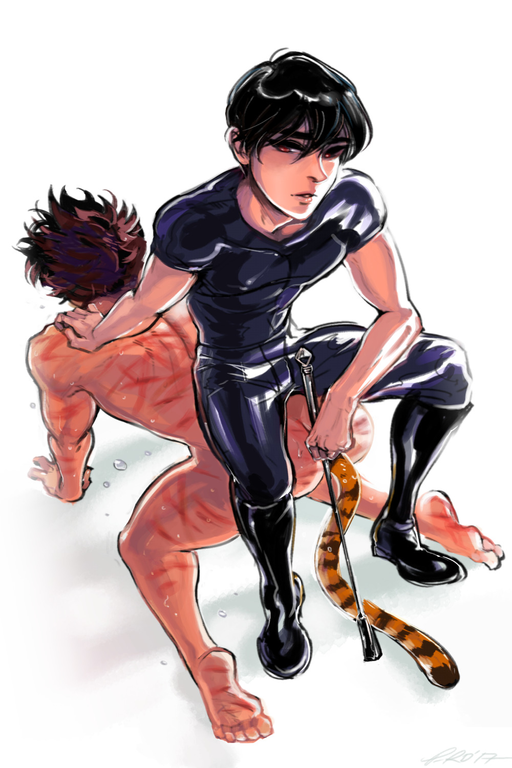 2boys barefoot black_hair brown_hair dildo dildo_in_ass doggy_style gay looking_at_viewer male_only p-ro red_eyes scar scared sitting_on_person tiger_tail torture whipped yaoi