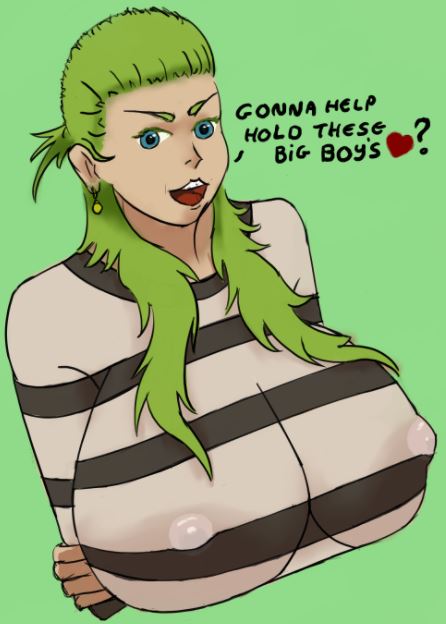 1girls artist_request big_breasts breasts dialogue female female_only green_background green_eyes green_hair green_theme nipples olive_(one_piece) one_piece pirate prison_bitch prison_clothes prison_uniform prisoner see-through