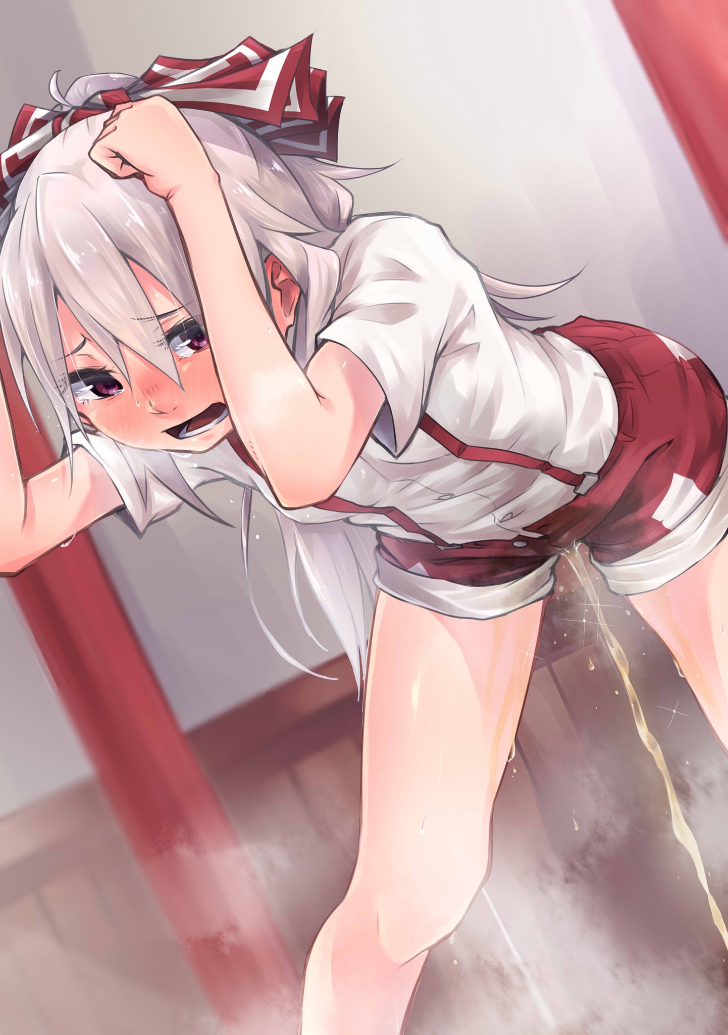 1girls, 2019, blush, breasts, clothed, clothed female, clothing, female, female only, fetish, fujiwara no mokou, fully clothed, human, mikanburo292, omorashi, open mouth, peeing, peeing in panties, peeing self, peeing through clothing, pink eyes, shirt, shoes, shorts, silver hair, small breasts, solo, spread legs, sweat, tongue, touhou, urinating in bottomwear, urine, watersports, wetting