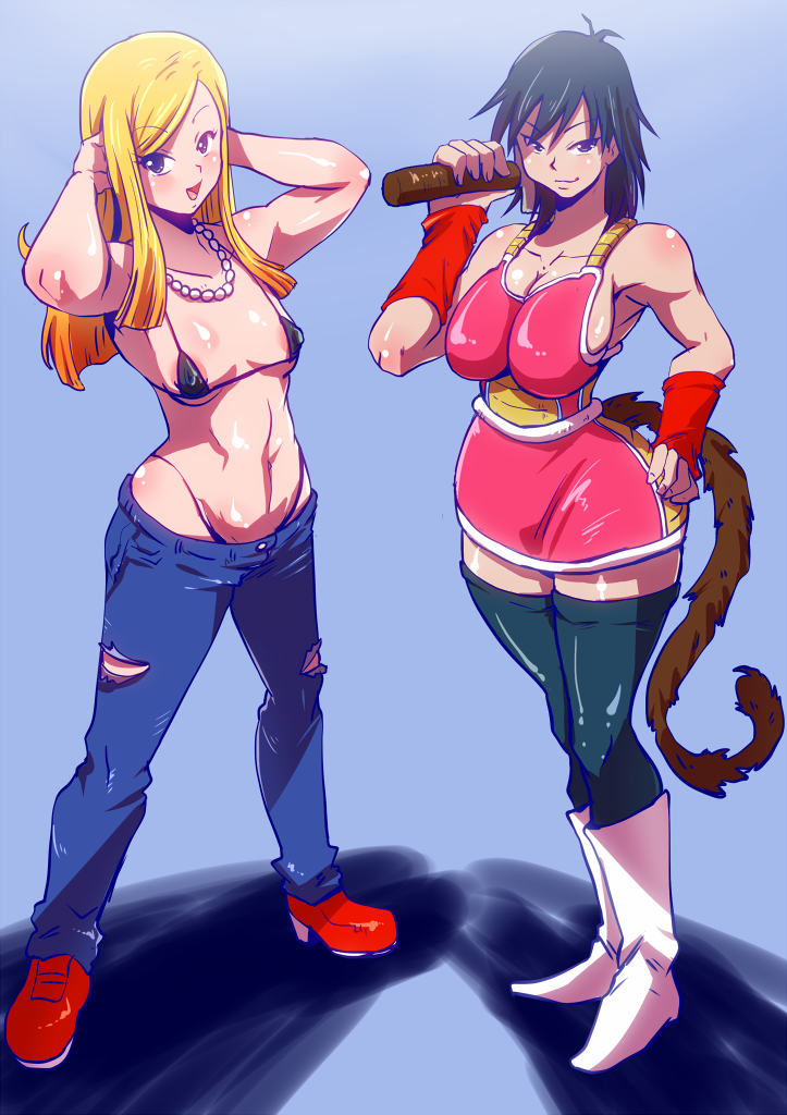 2girls adult belly black_hair blonde_hair blue_eyes blush boots bra closed_mouth dragon_ball dragon_ball_super female gine hands_behind_head human jaco_the_galactic_patrolman jeans large_breasts long_hair milf navel necklace open_mouth rickert_kai ripped_jeans saiyan saiyan_armor saiyan_tail shoes short_hair small_breasts smile tail teenager thighhighs thong tights_(dragon_ball) tights_briefs wristbands