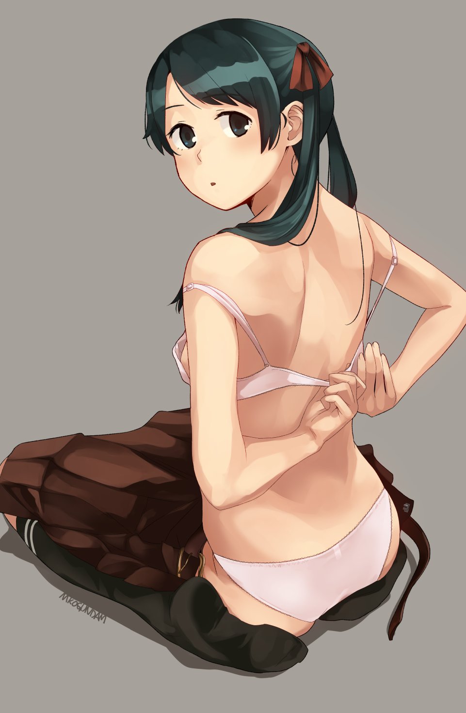 1girls 2019 artist_name ass black_hair black_legwear bow bra breasts brown_skirt clothed clothed_female english_text female female_only fully_clothed gray_eyes grey_background human legwear looking_at_viewer looking_back mikuma_(kantai_collection) mkogundam open_mouth panties pigtails pink_bra pink_panties pink_underwear simple_background skirt small_breasts socks solo suggestive text underwear undressing