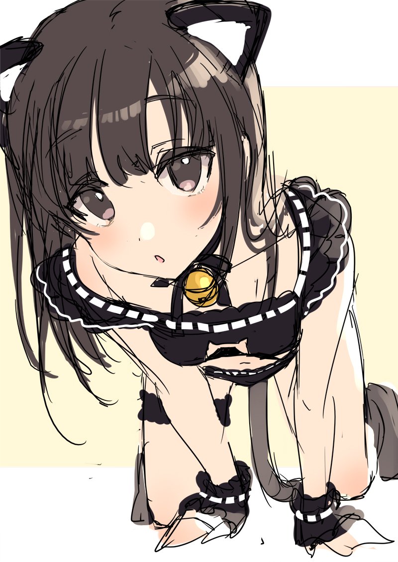 2019 bell blush bra brown_eyes brown_hair cat_ears collar female fully_clothed keyhole_bra mouth_open nipple_bulge panties sbmzr small_breasts solo stockings suggestive tagme_(character) tail