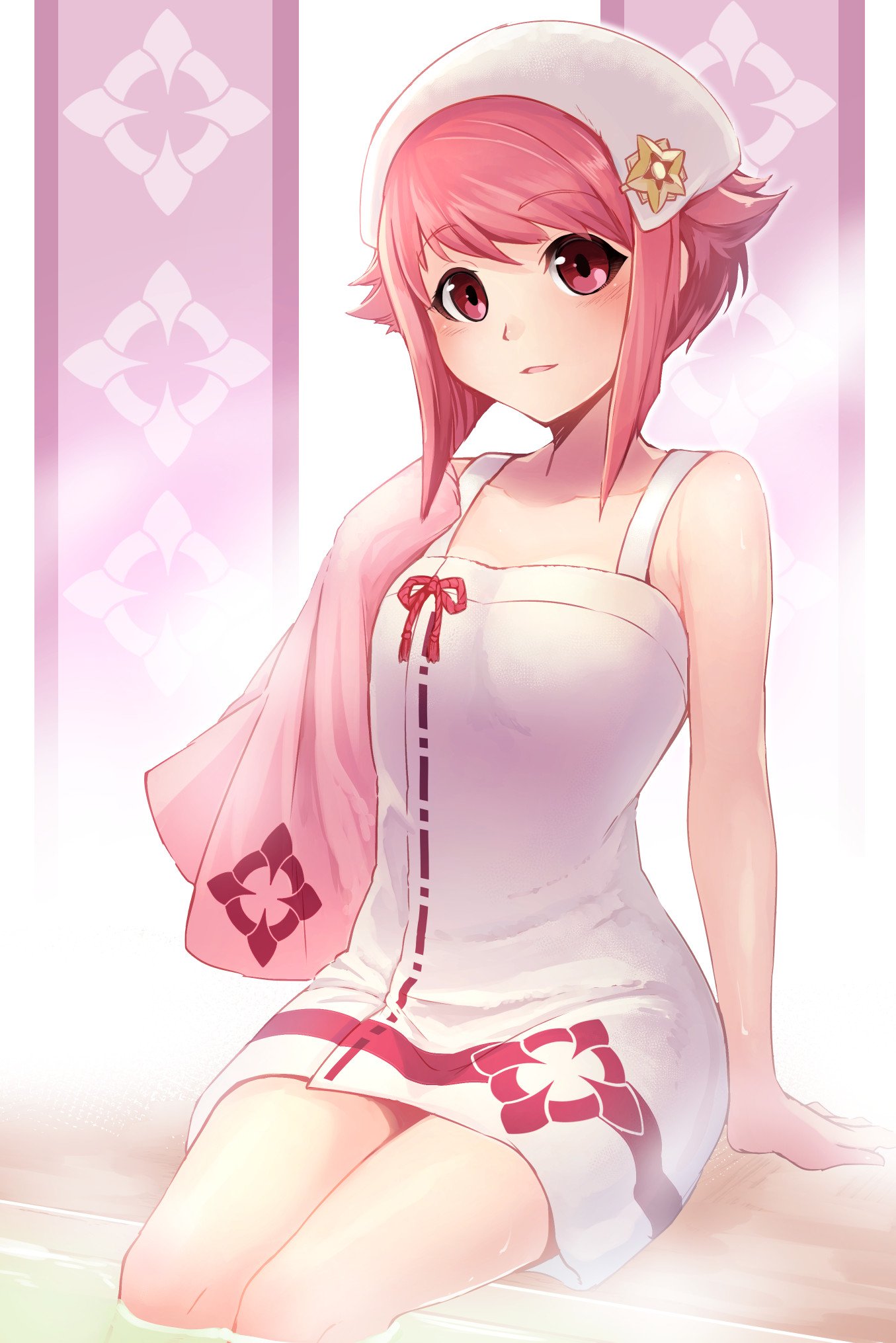 female, fire emblem, fire emblem fates, fire emblem heroes, high resolution, hot springs, nakabayashi zun, naked towel, parted lips, pink eyes, pink hair, sakura (fire emblem), short hair, sitting, solo, steam, towel, towel on head, zunbayasi