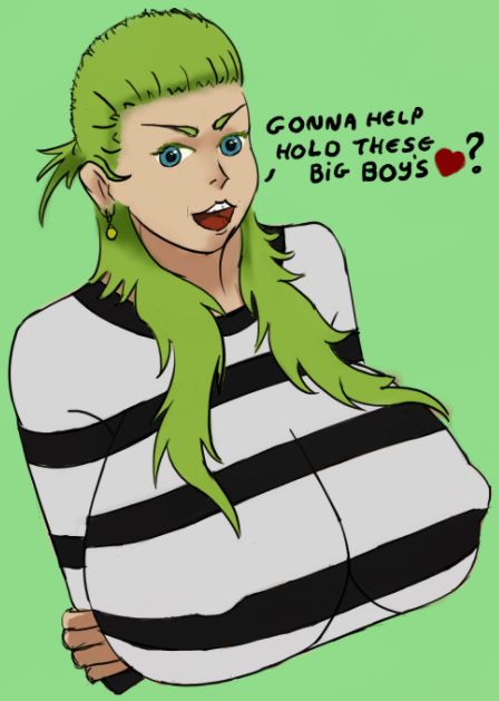 1girls artist_request big_breasts breasts dialogue female female_only green_background green_eyes green_hair green_theme nipples olive_(one_piece) one_piece pirate prison_bitch prison_clothes prison_uniform prisoner