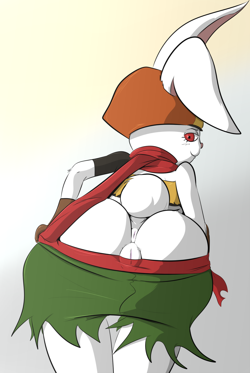 anthro anus artist_request ass bunny_ears bunny_tail closed_mouth clothed clothing dragon_ball dragon_ball_super female hat pussy rabbit red_eyes scarf smile solo sorrel tail vagina