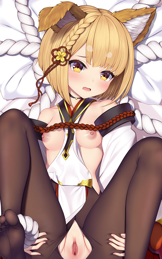 animal_ears between_breasts black_legwear blonde_hair blush braid breasts brora brown_eyes dog_ears erune feet female granblue_fantasy lying nipples no_shoes on_back open_mouth pantyhose pussy rope shimenawa small_breasts solo spread_legs uncensored vajra_(granblue_fantasy)