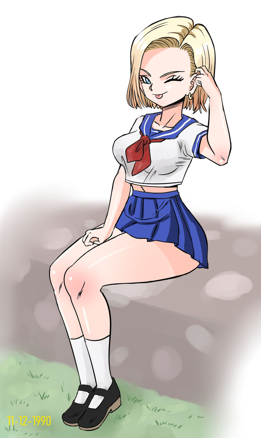 1girls, android 18, ass, big breasts, blep, blonde hair, blue eyes, breasts, curvy, dragon ball, dragon ball z, dressed young, earring, female, huge ass, mary janes, midriff, milf, pinkpawg, school uniform, short hair, tongue, tongue out, voluptuous, wide hips, wink