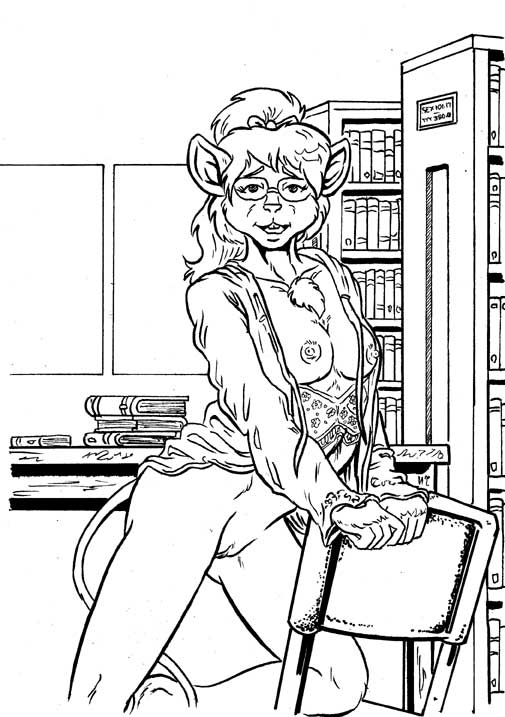 2019 anthro book bottomless breasts buckteeth cheek_tuft chest_tuft clothed clothing exposed_breasts eyewear female glasses hair_ribbon hairbow inside library looking_at_viewer mammal monochrome mouse nipples on_one_knee open_mouth open_shirt open_smile penny_pound ponytail pussy ribbons rodent smile solo style_wager teeth tuft