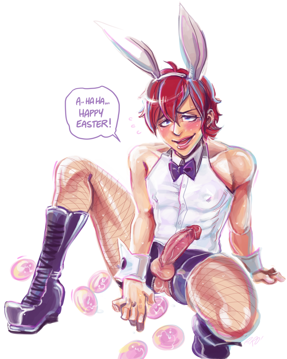 1boy ass_juice black_boots blush bunny_boy bunny_ears easter easter_bunny easter_egg erect_nipples erection gay leg_spread looking_at_viewer male_only p-ro penis red_hair shinkai_hayato sweat testicles tight_clothing yaoi yowamushi_pedal