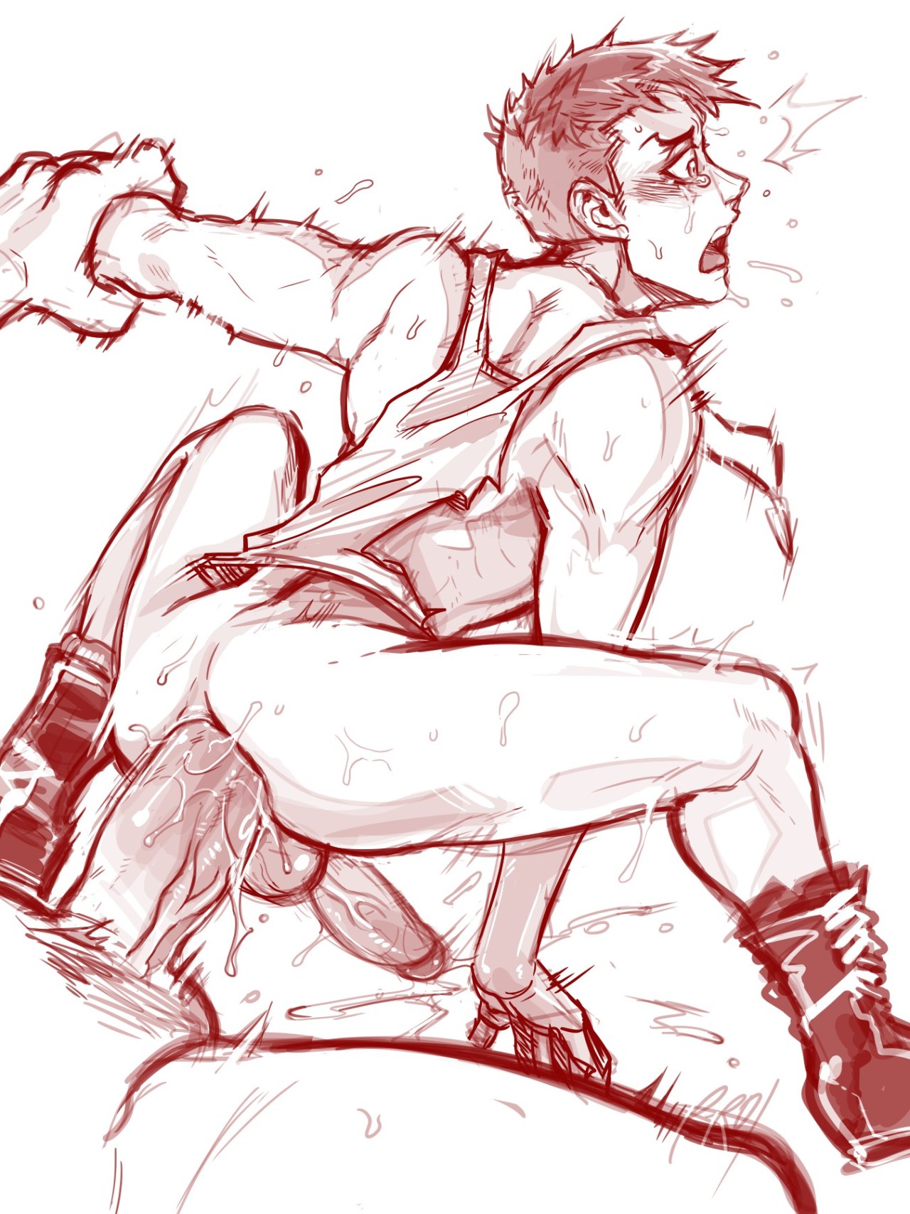 2boys, ass juice, big penis, boots, cum, cum while penetrated, cumshot, dante (dmc: devil may cry), devil may cry (series), dmc: devil may cry, gay, huge cock, leg spread, male, male only, p-ro, penis, sweat, tank top, tears, yaoi