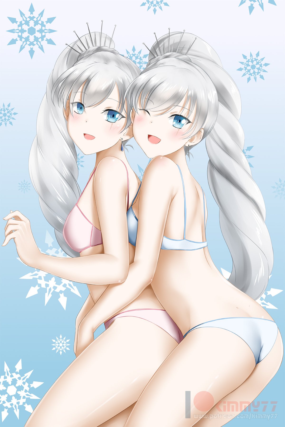 2girls, bikini, blue eyes, bra, breasts, cleavage, clone, clonecest, female, female only, human, kimmy77, panties, rwby, scar, smiling, twincest, twins, weiss schnee, white hair