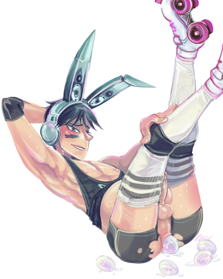 1boy black_hair blush bunny_boy bunny_ears egg egg_in_ass erection headphones looking_at_viewer male_only nipples p-ro penis roller_skates tank_top testicles white_background