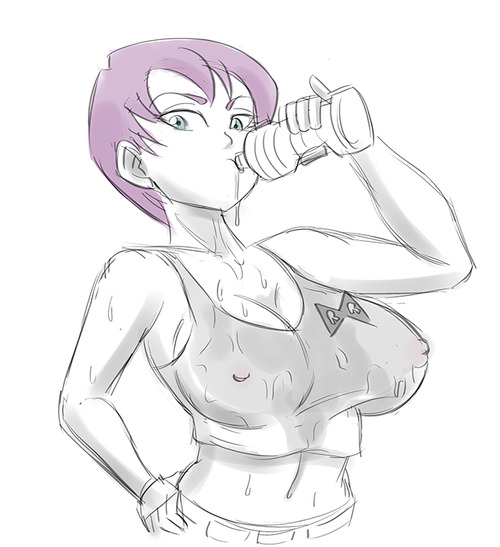 1girls, belly, breasts, clothed, clothing, colonel violet, dragon ball, dragon ball (classic), drinking, erect nipples, erect nipples under clothes, female, funsexydragonball, human, navel, nipples, purple hair, short hair, solo, sweat, tank top