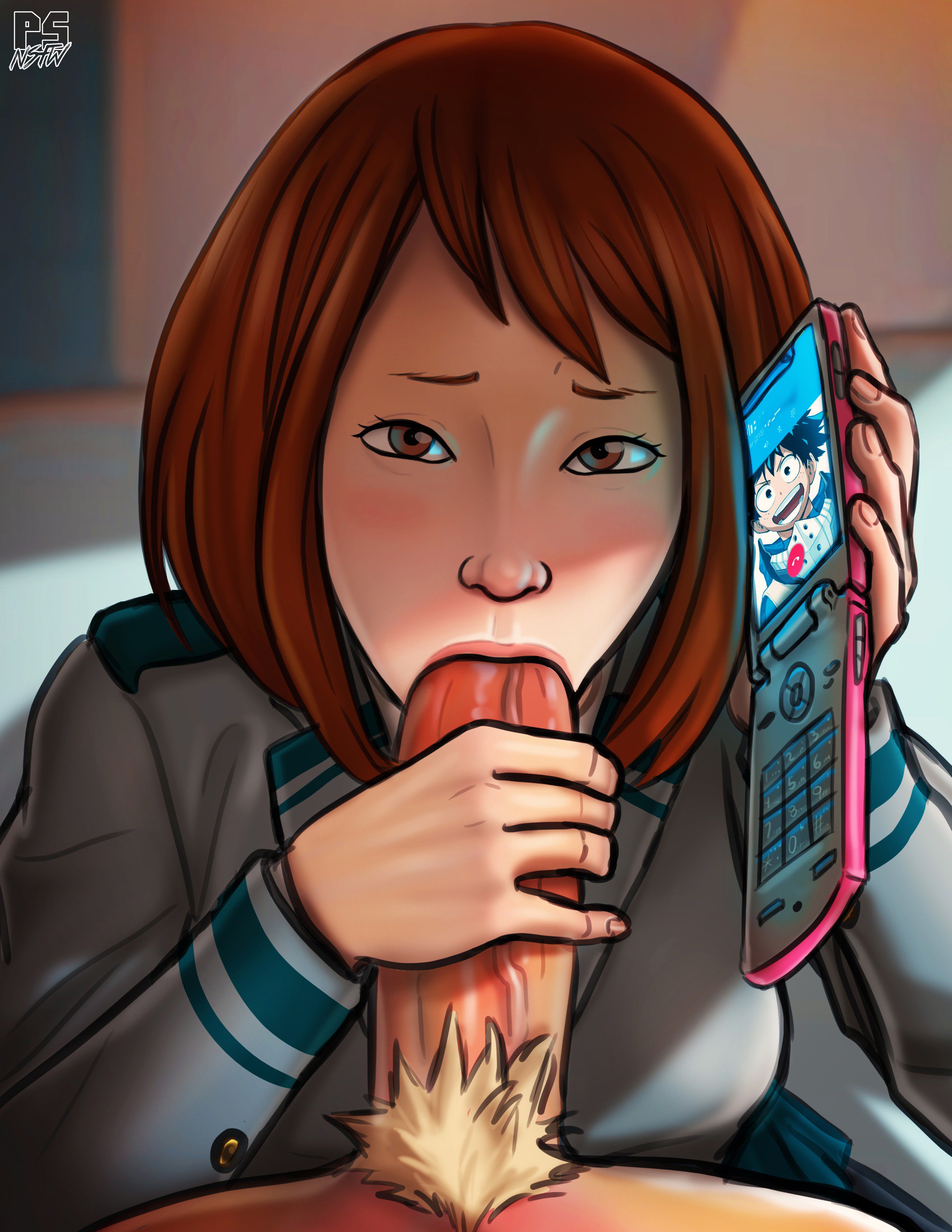 1boy, 1girls, blonde pubic hair, brown eyes, brown hair, brown-haired female, cellphone, cheating, cuckold, fellatio, female, handjob, izuku midoriya, katsuki bakugou, large penis, lips, looking at viewer, male, male pov, male pubic hair, my hero academia, netorare, nose, ochako uraraka, on phone, oral, penis, pov, pubic hair, pumpkinsinclair, straight, unseen male face, veiny penis