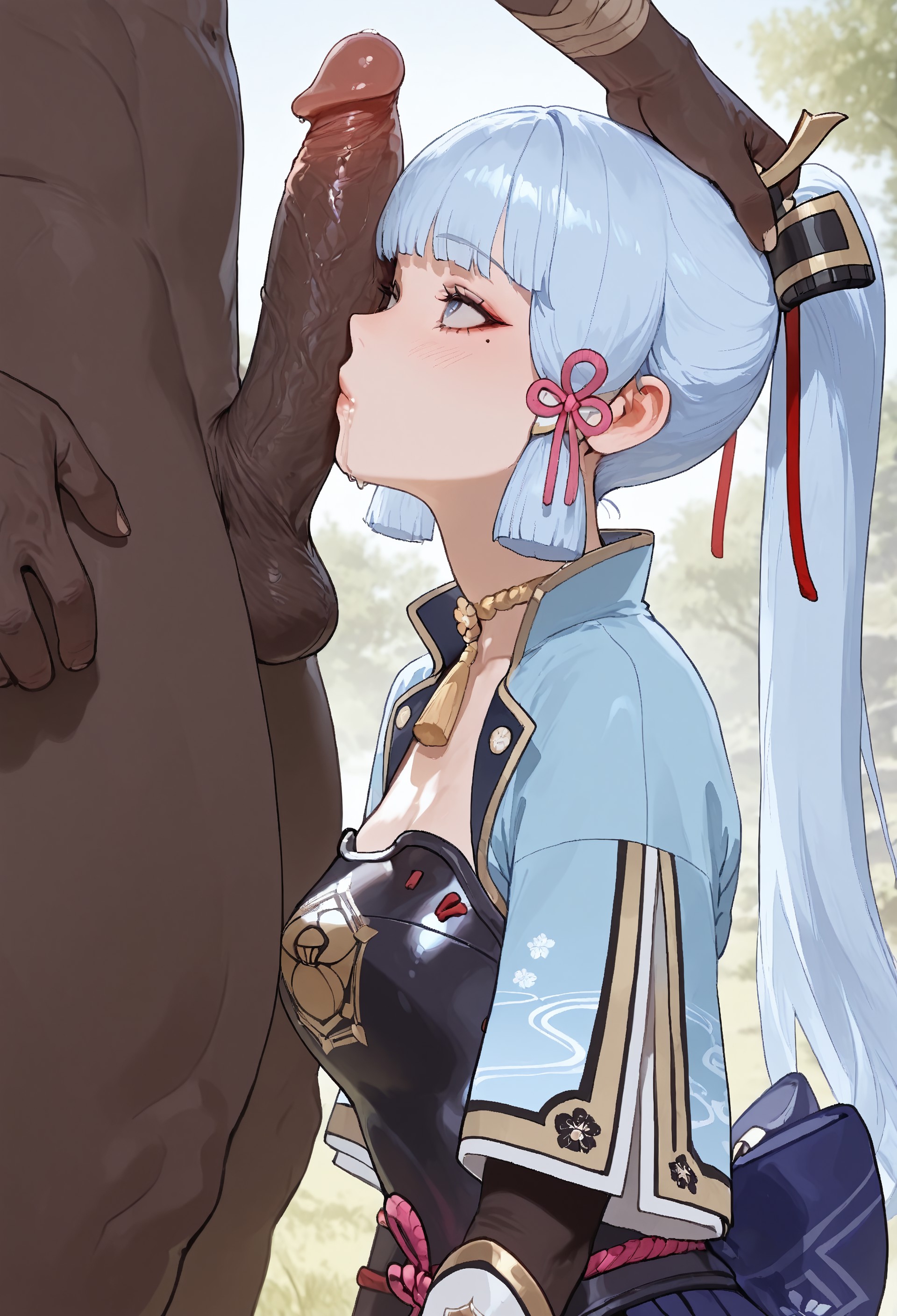 1boy, 1boy1girl, 1girls, 5bxb, ai generated, blue hair, dark skin, dark-skinned male, drooling, female, genshin impact, hair, hand on head, hilichurls (species), imminent oral, imminent sex, kamisato ayaka, large penis, light skin, light-skinned female, looking up, male, penis