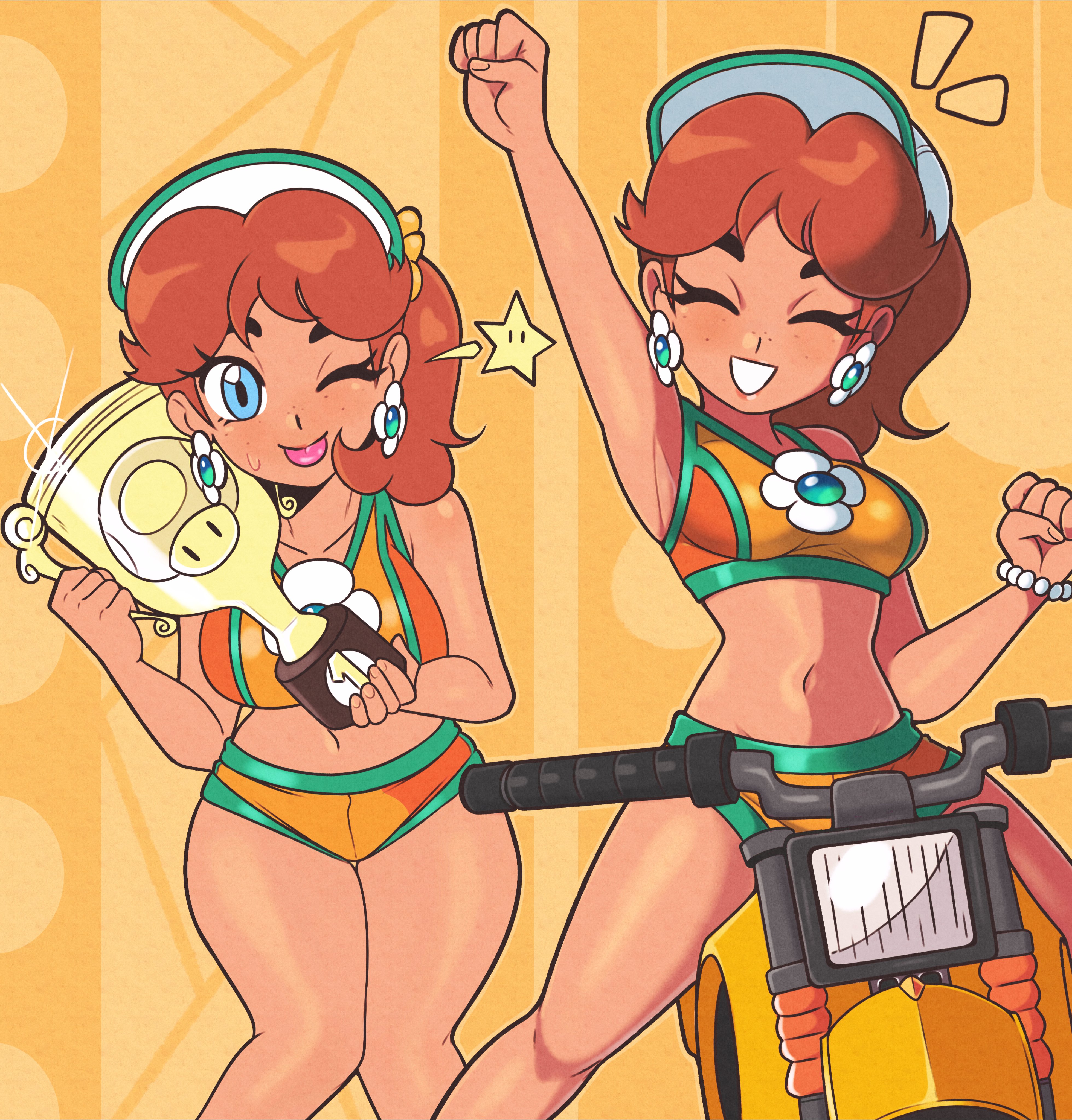 ;p, 1girls, absurdres, blue eyes, breasts, brown hair, crop top, earrings, female, female only, flower earrings, hat, highres, holding, holding trophy, jeffmiga, jewelry, mario (series), mario kart, mario kart world, midriff, motor vehicle, motorcycle, multiple views, mushroom cup, navel, nintendo, official alternate costume, on motorcycle, one eye closed, open mouth, ponytail, princess daisy, princess daisy (swimwear), shorts, tan, tongue, tongue out, trophy, white hat