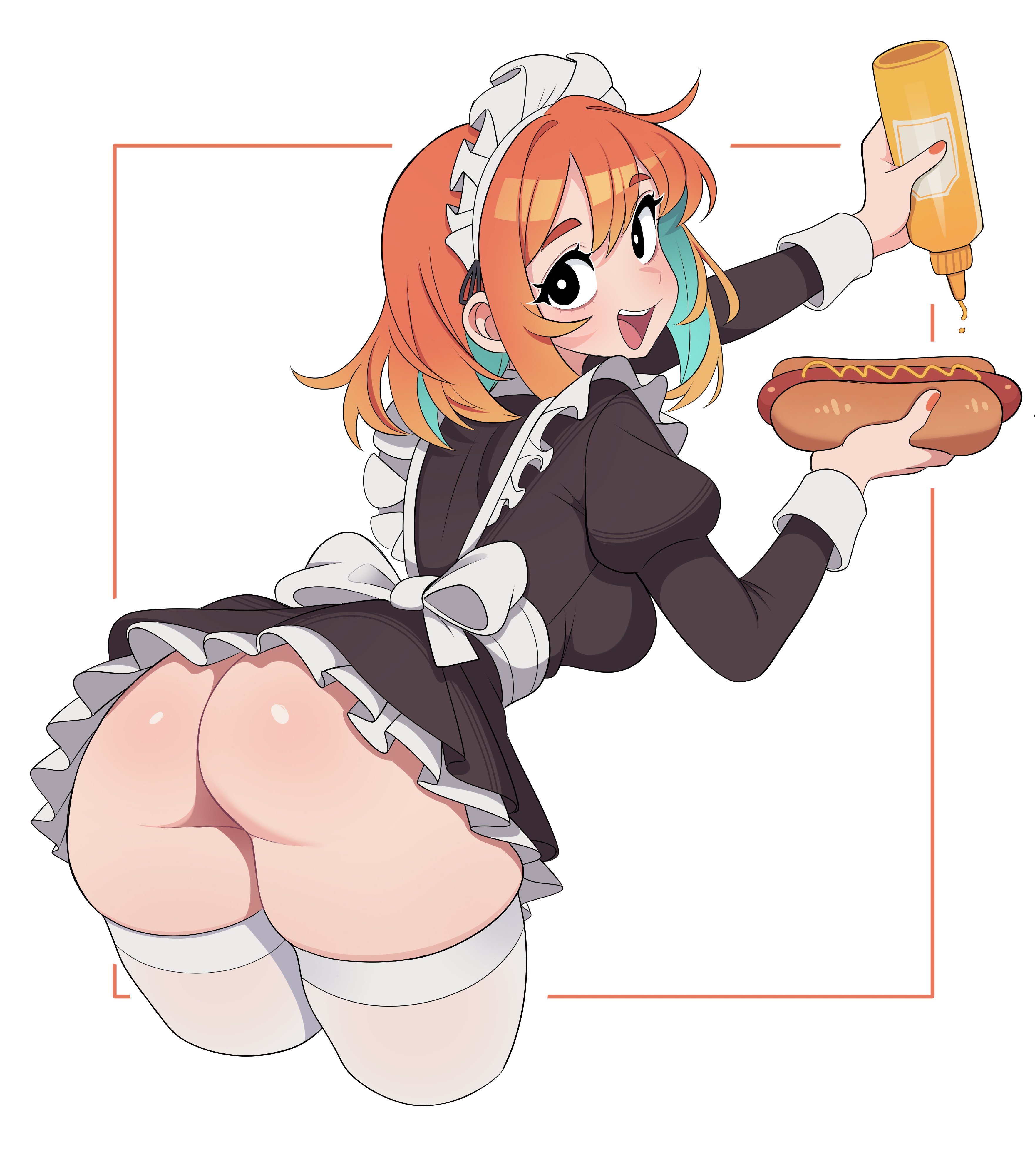 1girls, anna (maidcousin), ass, bottomless, bottomless skirt, female, female only, going down on, maid, maid headdress, maid outfit, maid uniform, maidcousin, medium breasts, no panties, original, skindentation, solo, stockings, tagme, thighhighs, uniform, upskirt, white thighhighs