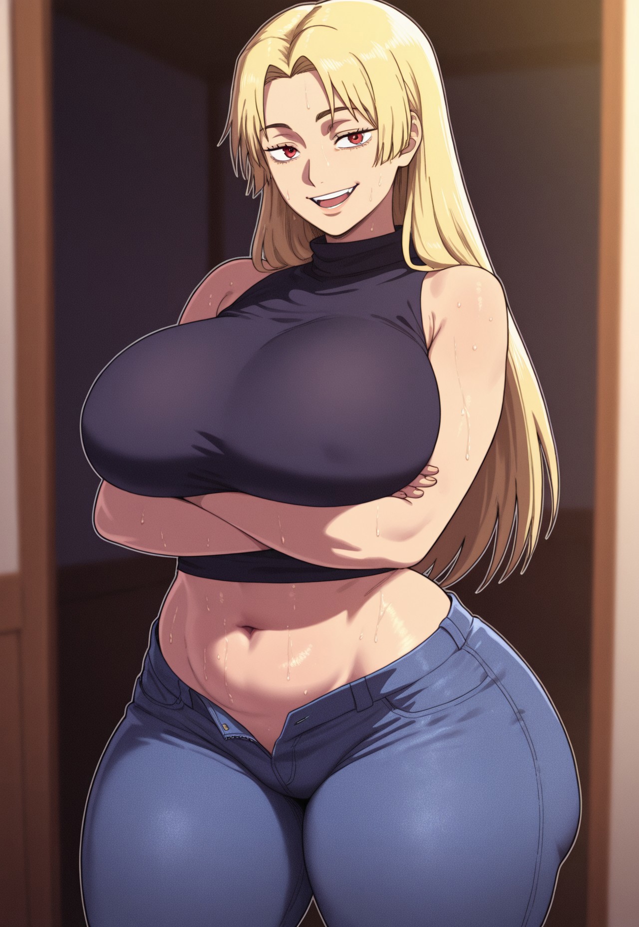 ai generated, belly, big ass, blonde hair, denim jeans, female, jujutsu kaisen, long hair, mature female, milf, thick, thick thighs, yuki tsukumo