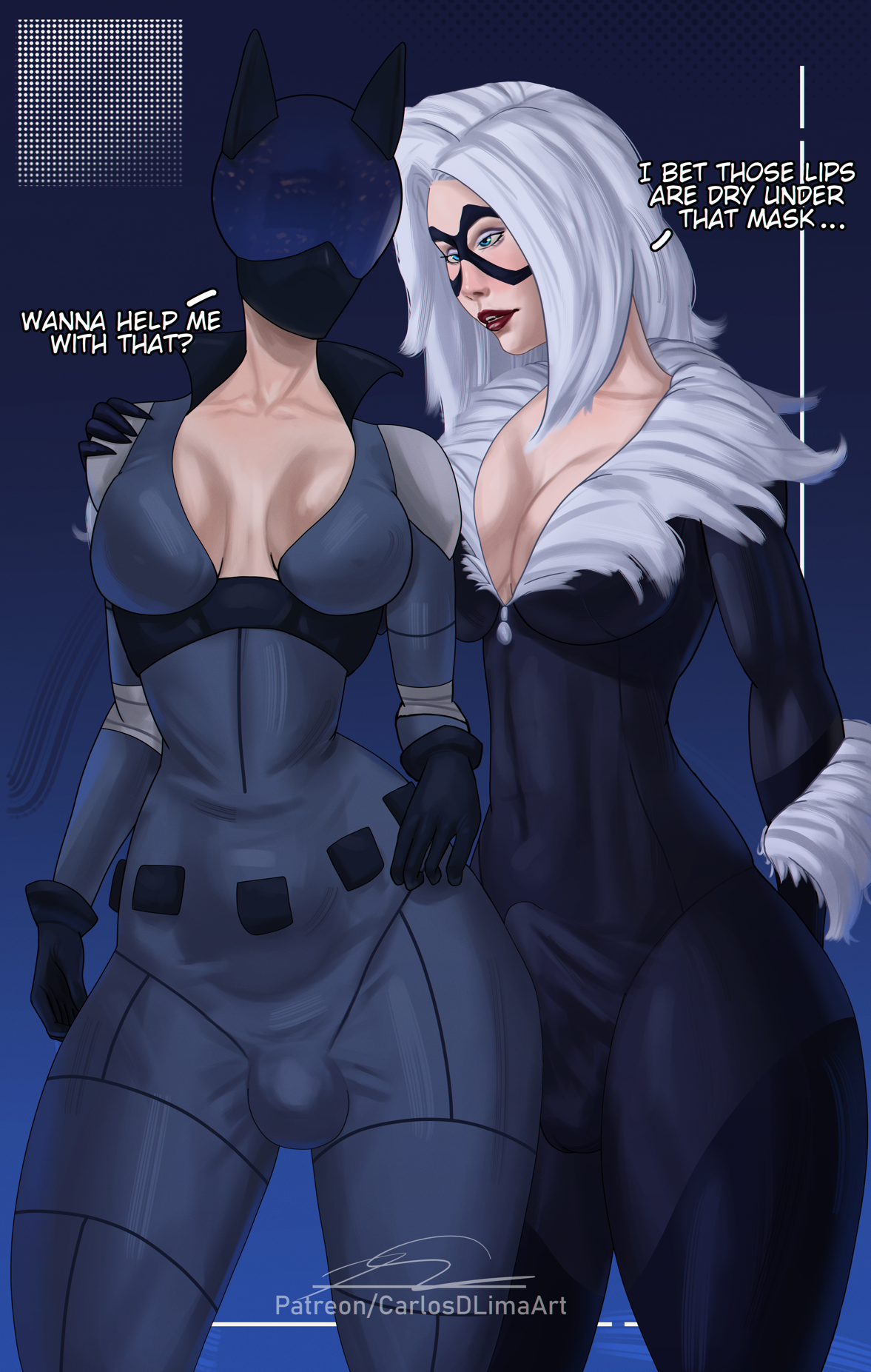 2futas, absolute catwoman, absolute dc, batman (series), black cat (marvel), carlosdlimaart, catwoman, cleavage, dc, dc comics, dialogue, felicia hardy, female, futanari, intersex, lipstick, long hair, makeup, marvel, marvel comics, mask, masked female, selina kyle, tagme, tight clothing, white hair, whitewashed